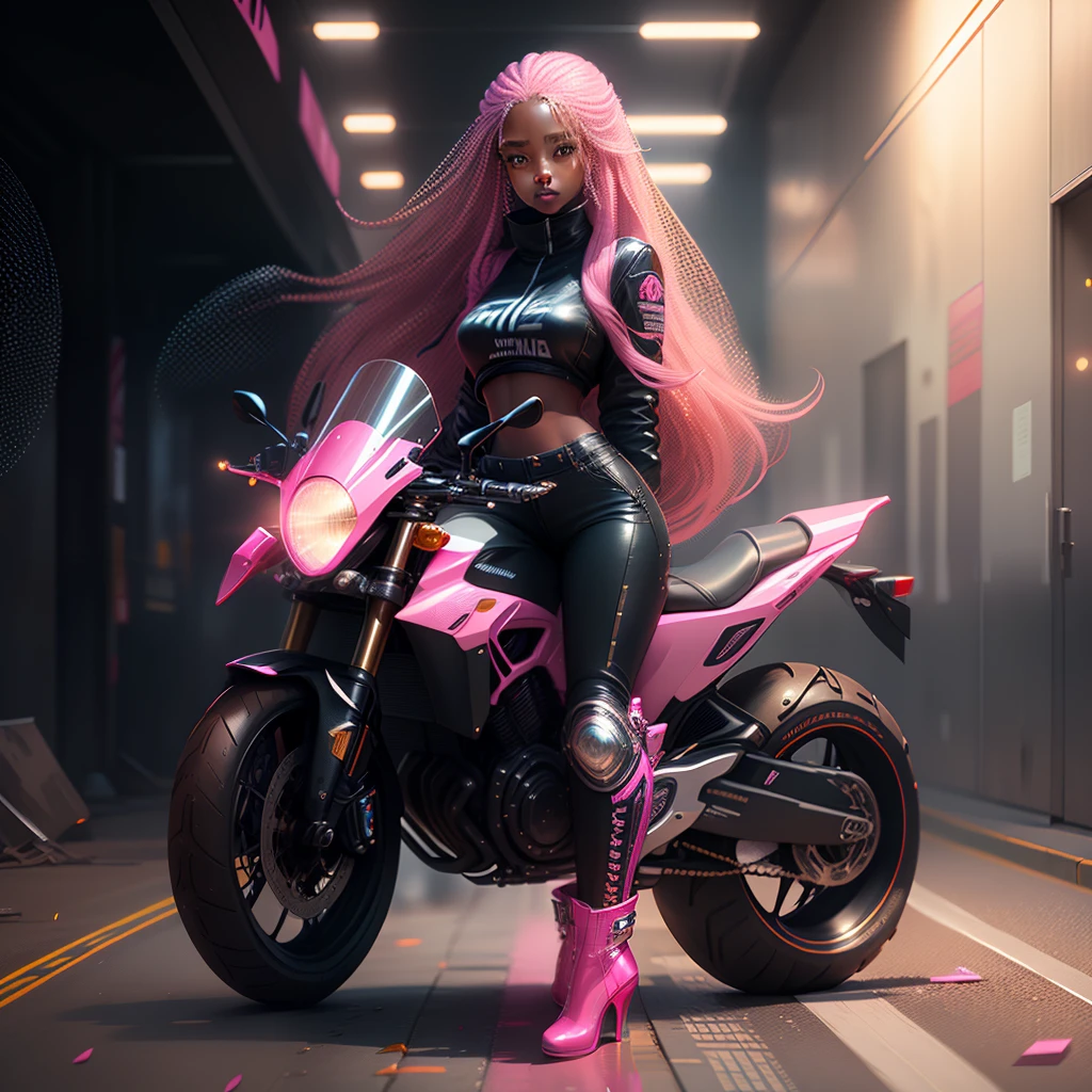 A brown skin girl with long hair, standing in front of a motorcycle 🏍️💨, sparkling simple make up, sparkling eyes, sparkling lips, sparkling, sparkling pink, sparkling black, a tall girl, high heel, wearing a trouser, 3D