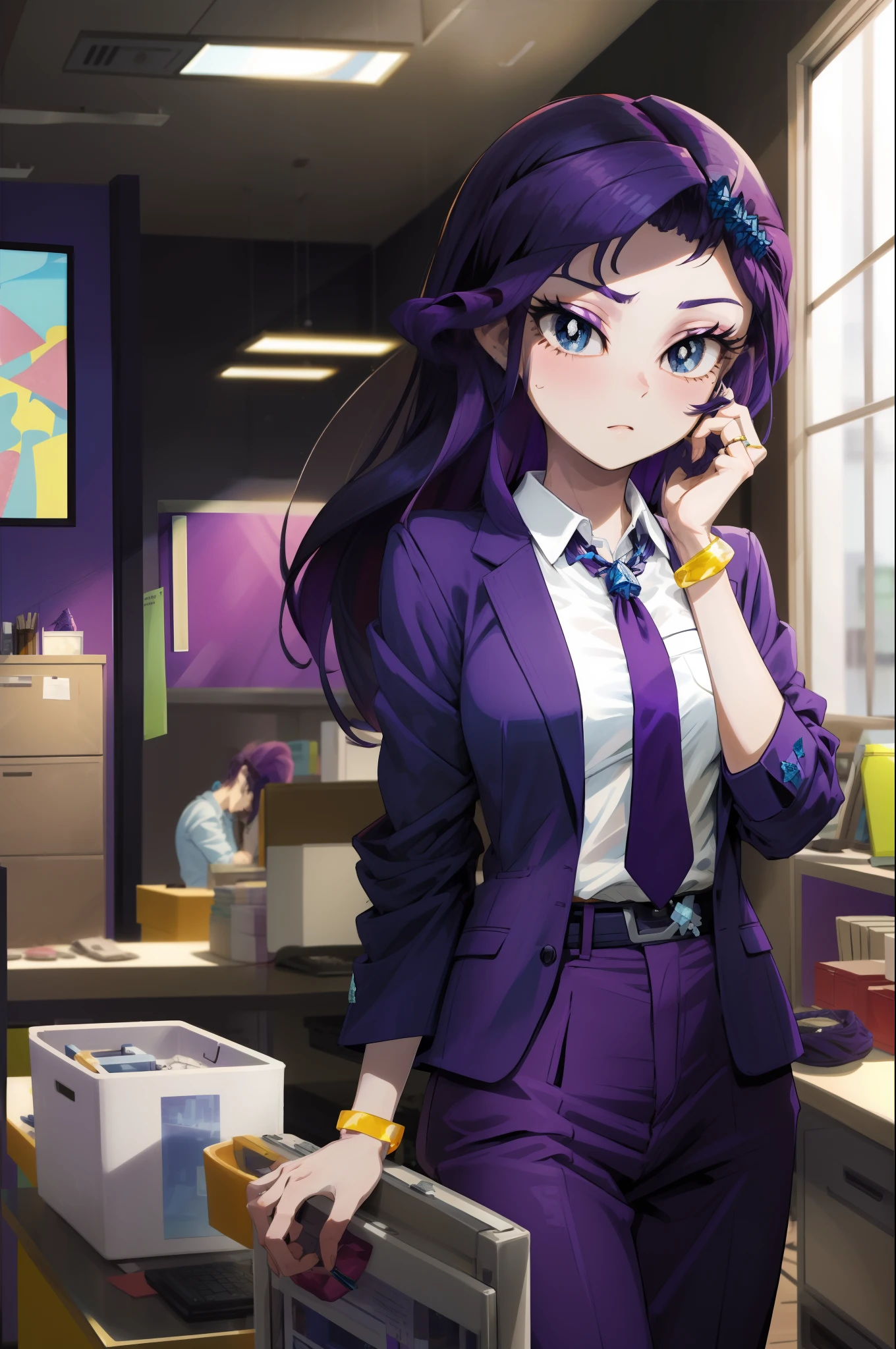 masterpiece,best quality,1girl,mlprarity,colored skin,hair ornament,purple hair,blue eyes,jewelry,bracelet,business suit,posing,office