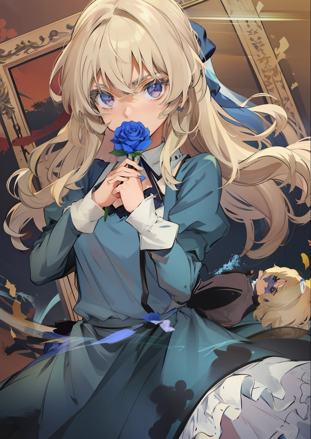 Anime girl with long blonde hair holding a blue rose in her hand, no vestido, Marisa Kirisame, Beatriz Azul, Marisa Kirisame, Arte Zerochan, Artoria Pendragon, anime moe artstyle, meniuimista, Menina do chamada Lucy, Marin Kitagawa Fanart, splash arte anime loli, menina anioira celo longo, Alice, rosa azul