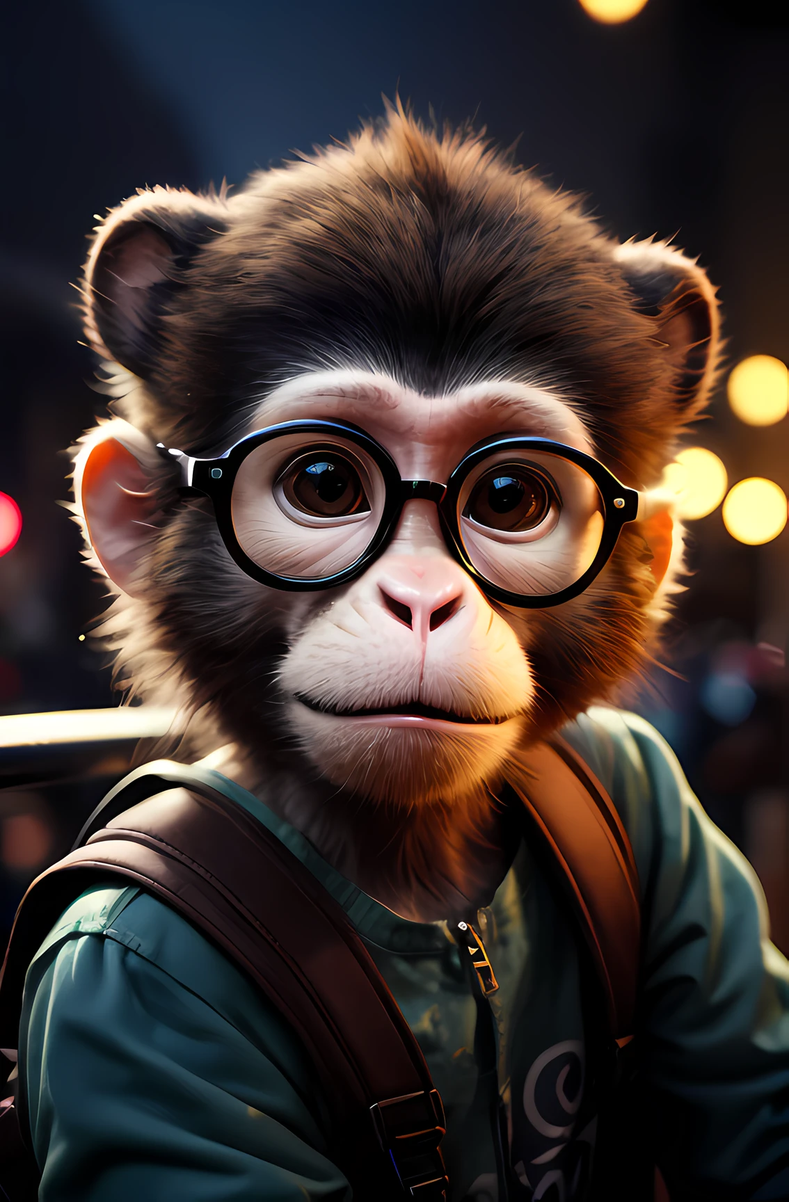 a beautiful Monkey with glasses and a backpack resting on a handrail, Cheburashka, sagui render, foto de retrato em close-up, Macaco vestido de cientista, close - retrato facial de cima, "Retrato de um animal de desenho animado, disney retrato 8 k foto, 🦑 design, ultra realistic 3d illustration, painting digital adorable, filme fotorrealista ainda