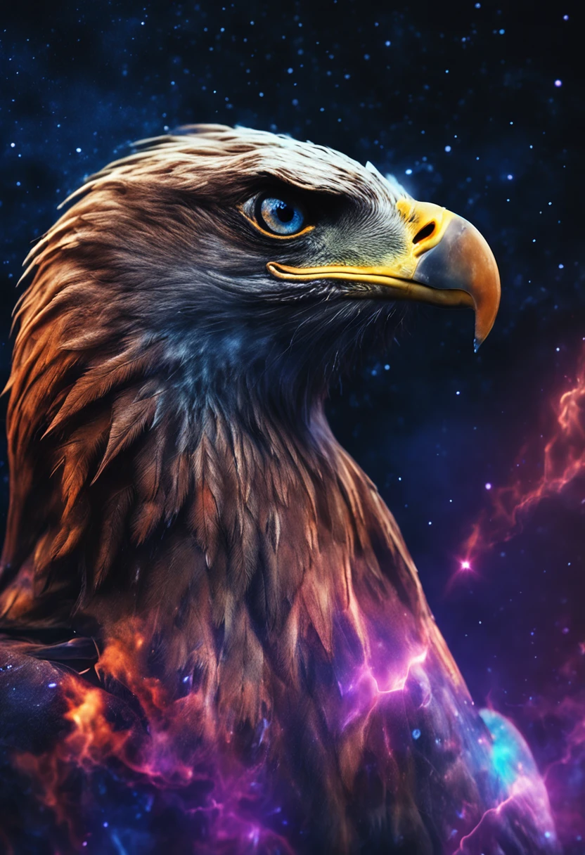 a photograph in the form of an eagle, galaxias, espirais, outer space, nebulosas, estrelas, smoke billowing, iridescente, detalhe intrincado,  octane rendering, 8k hiper realista, realista textura, Unreal Natural Lighting Engine, cinestill 800, (lente de 35mm)