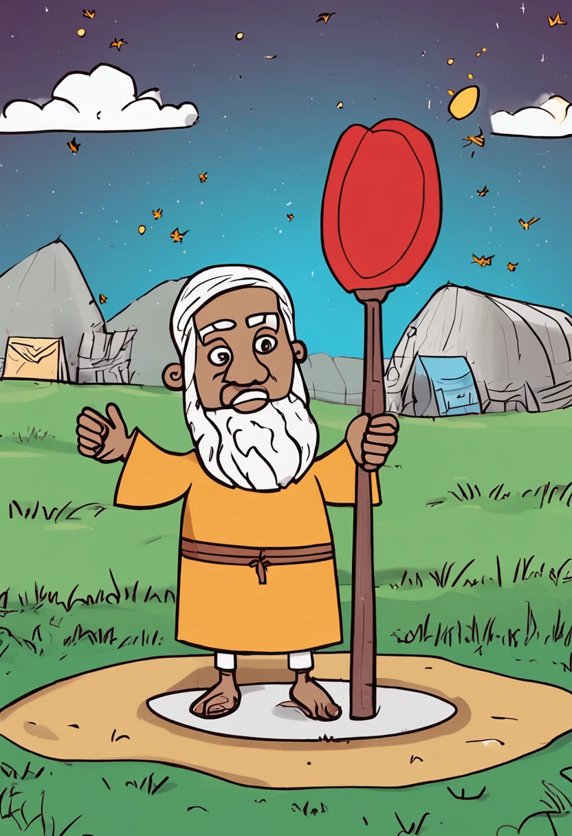 Make a children's drawing of David, um jovem pastor, pastoreando suas ovelhas em um campo. Ele se destaca como um personagem confiante e corajoso. That's a biblical story.