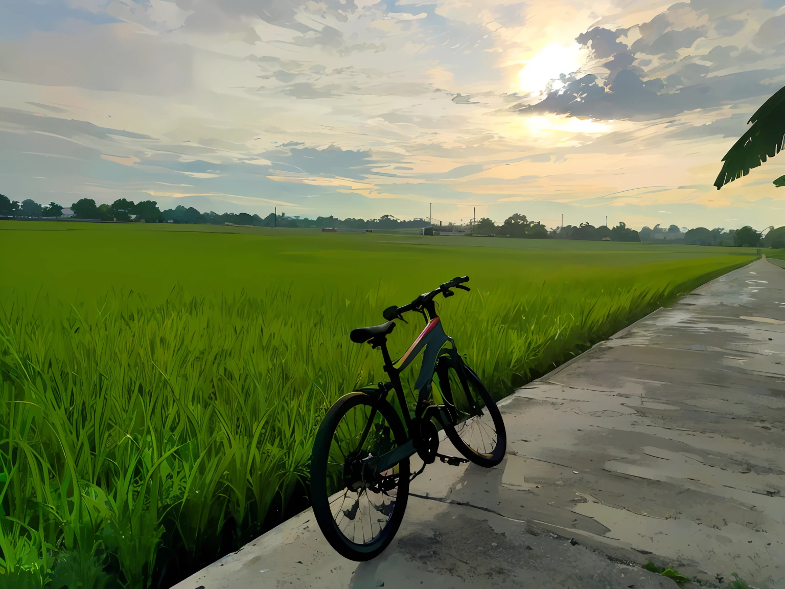 arafed bike parked on a concrete walkway in front of a field of green grass, malaysia with a paddy field, bicycle in background, cycling!!, during sunset, shot at golden hour, taken with sony alpha 9, shot on iphone 1 3 pro max, shot with iphone 1 0, shot on gopro9, taken on go pro hero8