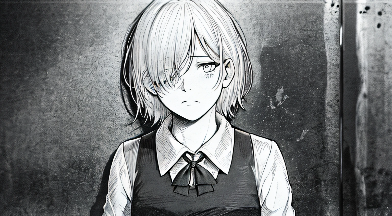 best quality, intricate details, lineart, monochrome,1girl, school uniform, short messy hair, black hair, messy hair, hair over one eye, sharp eyes, sad, shirt, Leaning against the wall , dim lighting, alley way