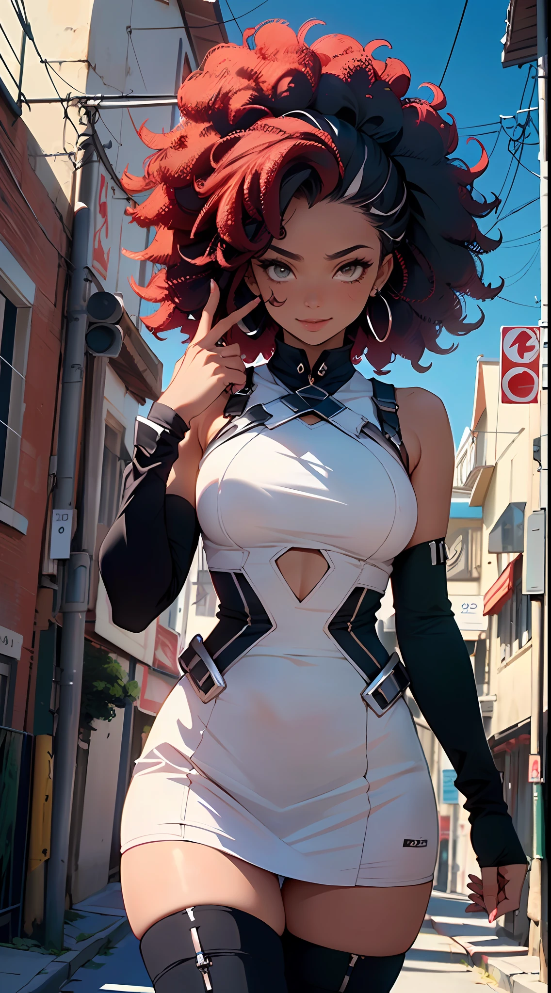 Chica,beautiful,(((1girl))),((linda y hermosa chica de cabello afro)),((((raza negra)))),

(senos grandes:1.4),Saggy breasts,((((Cabello afro negro:1.35,((cabello afro:1.35)),Afrohair,afro:1.35,Cabello OSCURO,cabello negro,)))),cabello mediano,((heterochromia:1.5,ojo1 naranja,ojo2 rojo,ojos perfectos,Ojos volteados hacia arriba:1.3,hermosos ojos detallados,Hermosos ojos finamente detallados:1,Gran punto culminante en los ojos:1.2)),((gordo)),((((tan,dark skin,piel negra:1.35,moreno_hembra,dark skin:1.3,ebony skin,Piel lustrosa:1.5,piel brillante: 1.5,piel brillante,piel muy brillante,cuerpo brillante,piel iluminada,piernas mojadas)))),(spider lower abdomen,cintura estrecha,cadera ancha,atletic body,piernas infladas,Dedos delicados y detallados),((La mano consiste en un pulgar corto y cuatro dedos,mano con solo cinco dedos,(Cara detallada))),

Lindo,guarra,Sensual,mirada seductora,seductor,erotic,encantador,(((NSFW))),

Zettai Ryouiki,Ropa reveladora,Mostrar piel,(wearing a mechanical space body armor:1.3,Micro Bikini,piernas desnudas,un brazo blindado),((ropa a pink and blue dress with,Ropa detallada)),

(dynamic  pose:1.0),Enfoque en solitario,avergonzado,(centrado,Escala para ajustarse a las dimensiones,Regla de los tercios),

((((Galactic Landscape, Costa, cielo con gran planeta rojo)))),cielo tormentoso,cielo amenazante,nubes oscuras,((Tema de fondo synthwave,Antecedentes detallados : 1.25)),((((Noche,Nice lighting decorations,Arquitectura detallada)))),

(La mejor calidad,High resolution,foco nítido,Ultra detallado,extremadamente detallado,Ilustraciones de muy alta calidad,(realista,fotorrealista:1.37),8k_papel tapiz,(CG 8k extremadamente detallado),(muy fino 8K CG),((Hyper super ultra detallado pieza perfecta)),impecable,(((Obra maestra))),illustration,colores vibrantes,(intrincado),alto contraste,Selective lighting,Doubleexposure,HDR (High Dymanic Range),Post-procesamiento,Desenfoque de fondo,