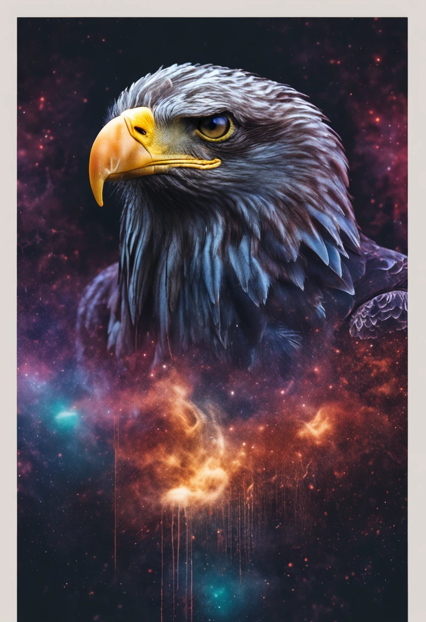 a photograph in the form of an eagle, galaxias, espirais, outer space, nebulosas, estrelas, smoke billowing, iridescente, detalhe intrincado, octane rendering, 8k hiper realista, realista textura, Unreal Natural Lighting Engine, cinestill 800, (lente de 35mm), fundo desfocado