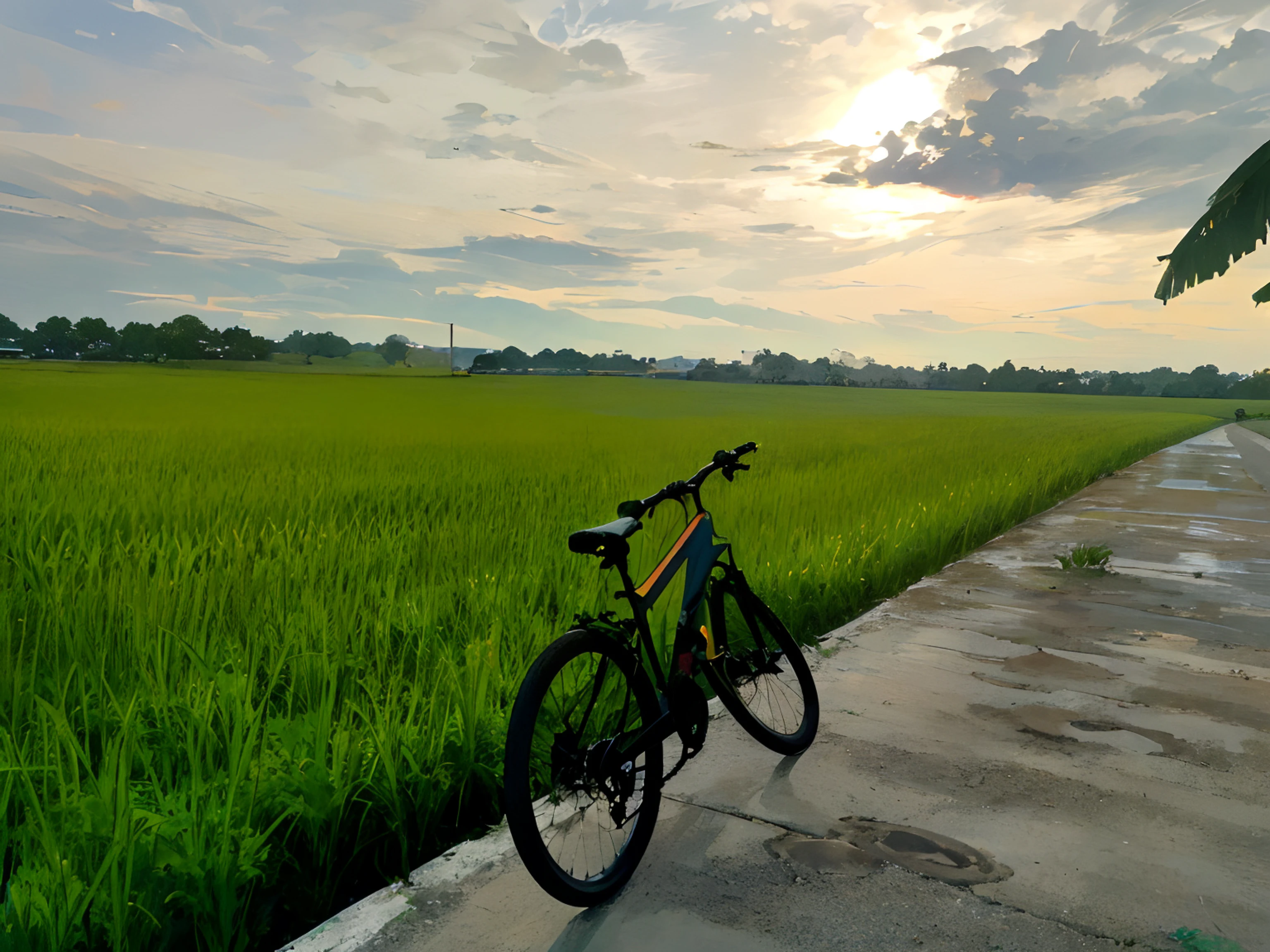 arafed bike parked on a concrete walkway in front of a field of green grass, malaysia with a paddy field, bicycle in background, cycling!!, during sunset, shot at golden hour, taken with sony alpha 9, shot on iphone 1 3 pro max, shot with iphone 1 0, shot on gopro9, taken on go pro hero8