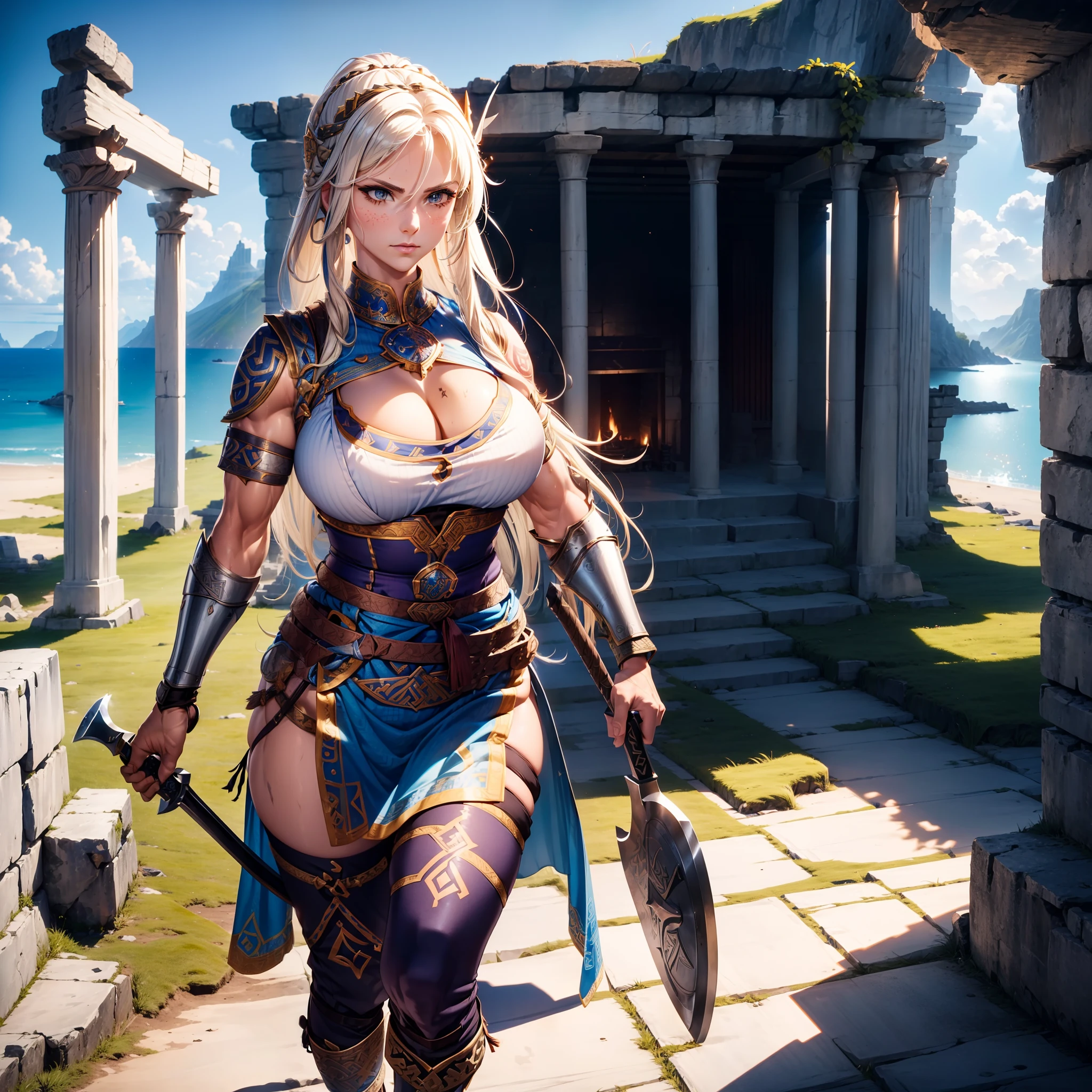 A legendary and beautiful Viking warrior carries an impressive axe and a large round shield. She is in an outdoor temple on a clear, windy day. She is very beautiful, somewhat muscular, wearing runic tattoos all over her body.