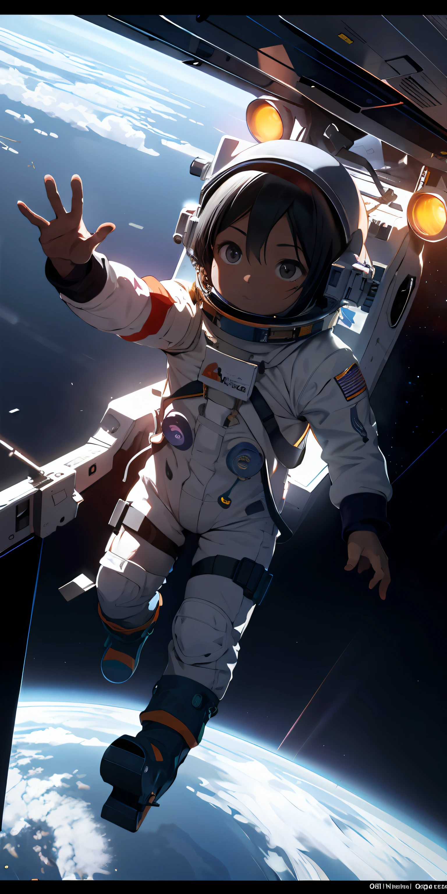 Ridiculous resolution, high resolusion, (obra maestra: 1.4), Super detailed, 1child, visto desde arriba, espacio, flotante, Black astronaut with orange and purple neon accents, --v 6