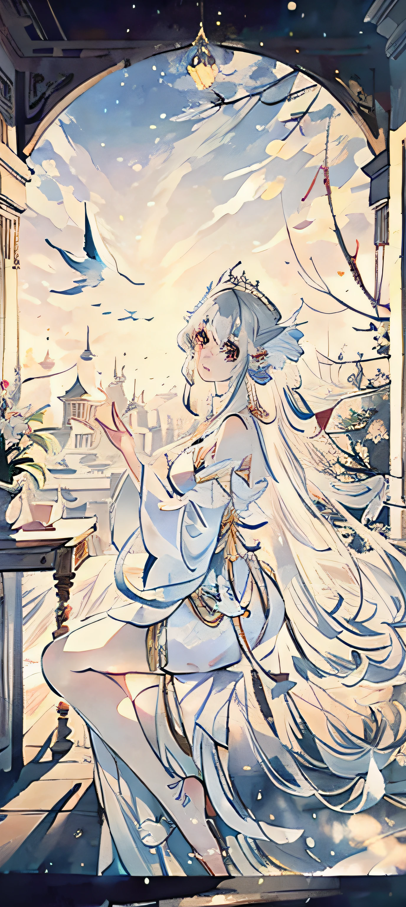 white and gold priestess robes, Ethereal fantasy, elegant ancient greek dress, ethereal fairytale, Palace , a beautiful fantasy empress, white royal dress, Hanfu, fantasy style clothing,Holy,Faraway view,Indirect background,Elegant woman,Delicate face,Beautiful teenage girl,Fluttering colored tassels and ribbons,faeries,Barefoot,