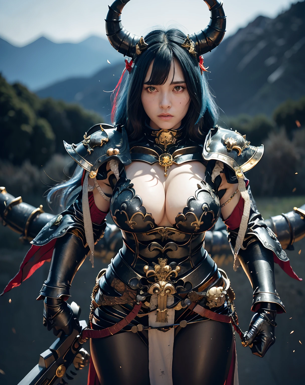 (masutepiece), Professional , ​masterpiece、top-quality、photos realistic , depth of fields 、（Gemstone Black Metal Body:1.９),(Matte Black、（cleavage of the breast）、Dragon Gold Weapon（Dragon Metal Body:1.４),Gorgeous gold weapons ,（Intimidating look）、（（ Dragon's dense and gorgeous sword）） , Ultimate Beauty   ,warhammer 40k , adepta sororitas、（（Blue hair））、（Castle background）、The dragon、（（Gangle's forest background））、Beautiful Caucasian beauty、（１a person）、dynamic ungle,(((Details of the two demon horns on the head)))、Smaller head、A smile、Castle background、Thin and beautiful female hands、cleavage of the breast、Soldier in iron armor on background、Mystical expression、Light Effects、Wind-effect、magic circles、With the legendary magic wand、（demonic wings）、（Blue hair）、（1 persons）、Battle Look、Anatomically correct body、Toostock、Toostock、