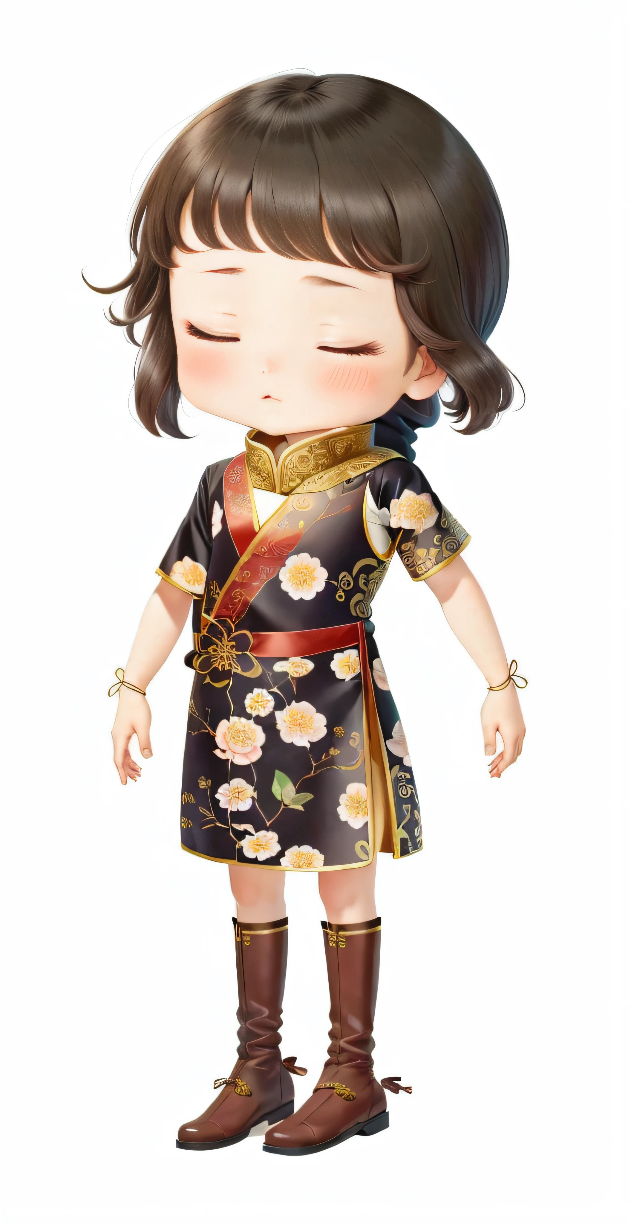 Cartoon girl in dress,Around scarves and boots, Cheongsam, wearing floral chiton, Chinese dress, lunar themed attire, Flower dress, ((wearing aristocrat robe)), inspired by Luo Mu, Chinese costume, inspired by Sim Sa-jeong, inspired by Chen Daofu, inspired by Takehisa Yumeji, flowery dress, gilded black uniform