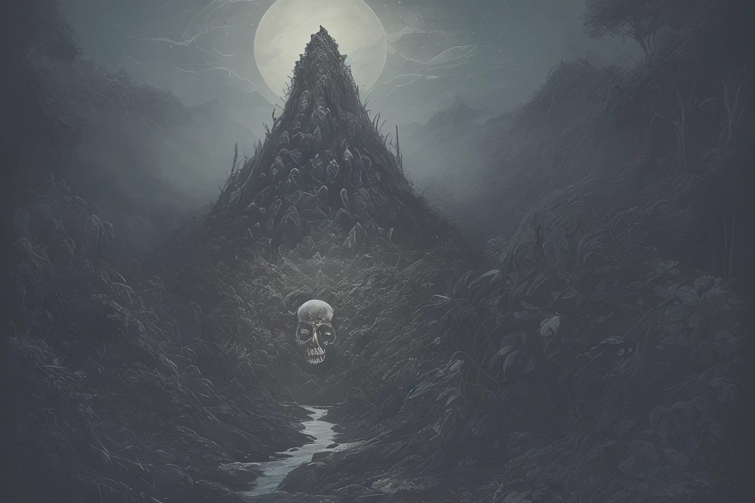 A skull shaped mountain towers over a vast jungle landscape of forests and meandering rivers, nighttime, high res, high detail,, the skull appears menacing, the skull is aztec and alien mixed style, dark, lots of vegetation, fantasy, horror, 8k, masterpiece, beksinski