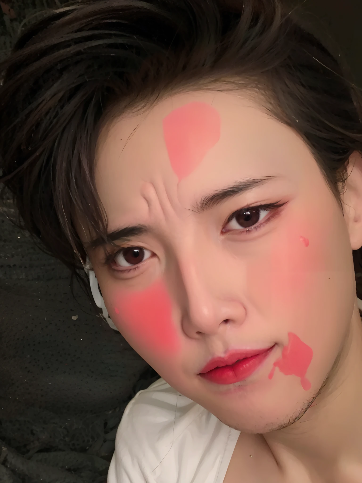 arafed man with a white shirt and red face paint, red cheeks, red - cheeks!!, yanjun chengt, red faced, face and skin is dark red, red birthmark, warrior face painting red, inspired by Yanjun Cheng, red face, red lighting on their faces, clean brutal blooded face, red glowing skin, bruised face, bloody face