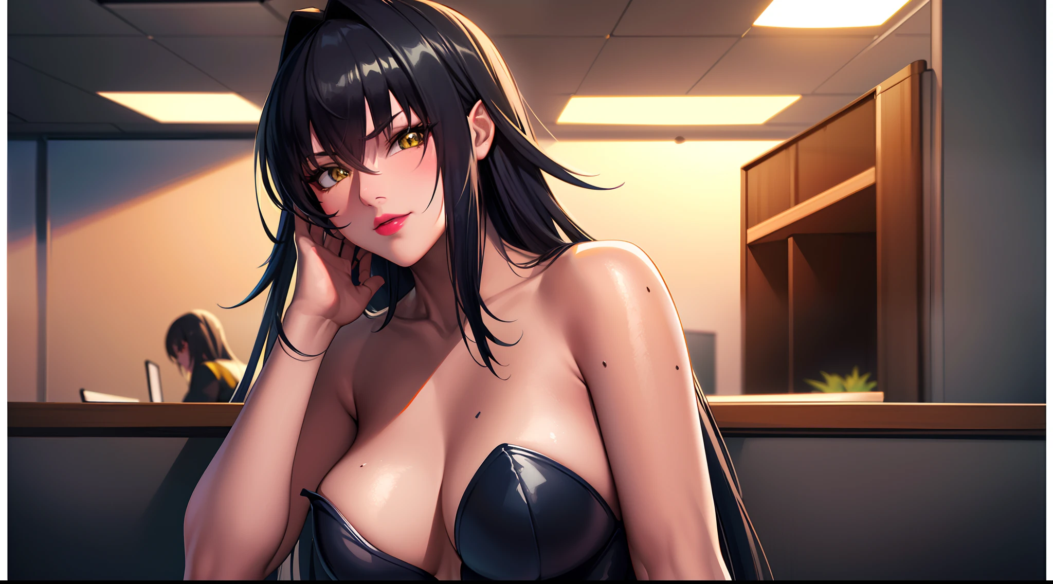 professional artwork, Intricate Details, field of view, sharp focus, detailed painting, photorealistic lighting, trending on pixiv,(masterpiece:1.0),(best_quality:1.0), ultra high res, ultra-detailed, photography, 8K, HDR, highres, absurdres:1.2, Kodak portra 400, film grain, sharp focus, bokeh:1.2, lens flare, (vibrant_color:1.2), (((indoors, office details))), Annerose, 1girl, female mature, black hair, long hair, (yellow eyes), ((leotard:1.4)), skin tight, hair intakes, (solo:1.4), (upper body, half body shot), seductive, (((seductive pose))),