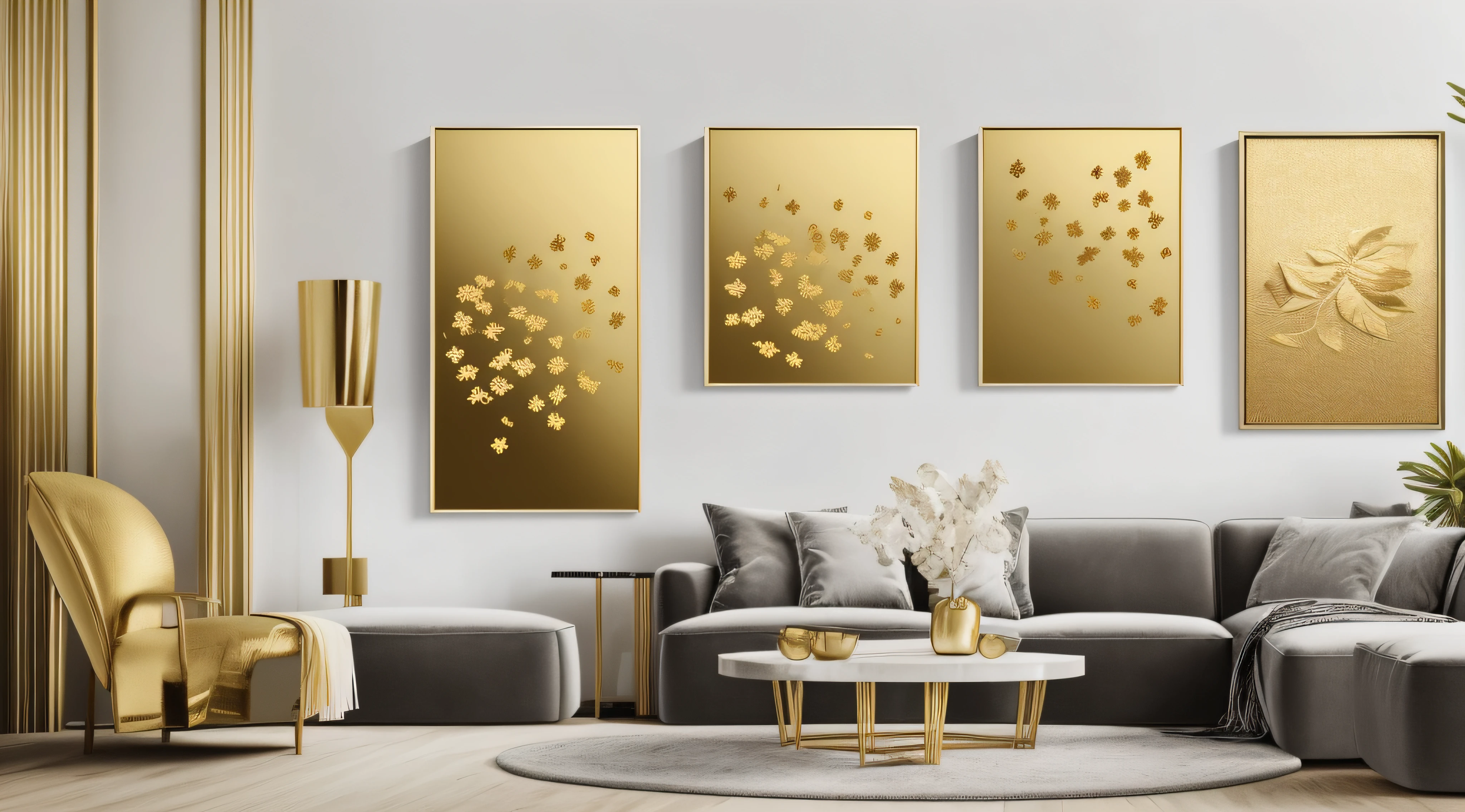 there is a picture of a full picture hanging on a center of a wall next to some plants, gold framed, relaxed. white background, gold leaf painting, golden frame, large plants in the background, gold leaf art, golden treasures on the walls