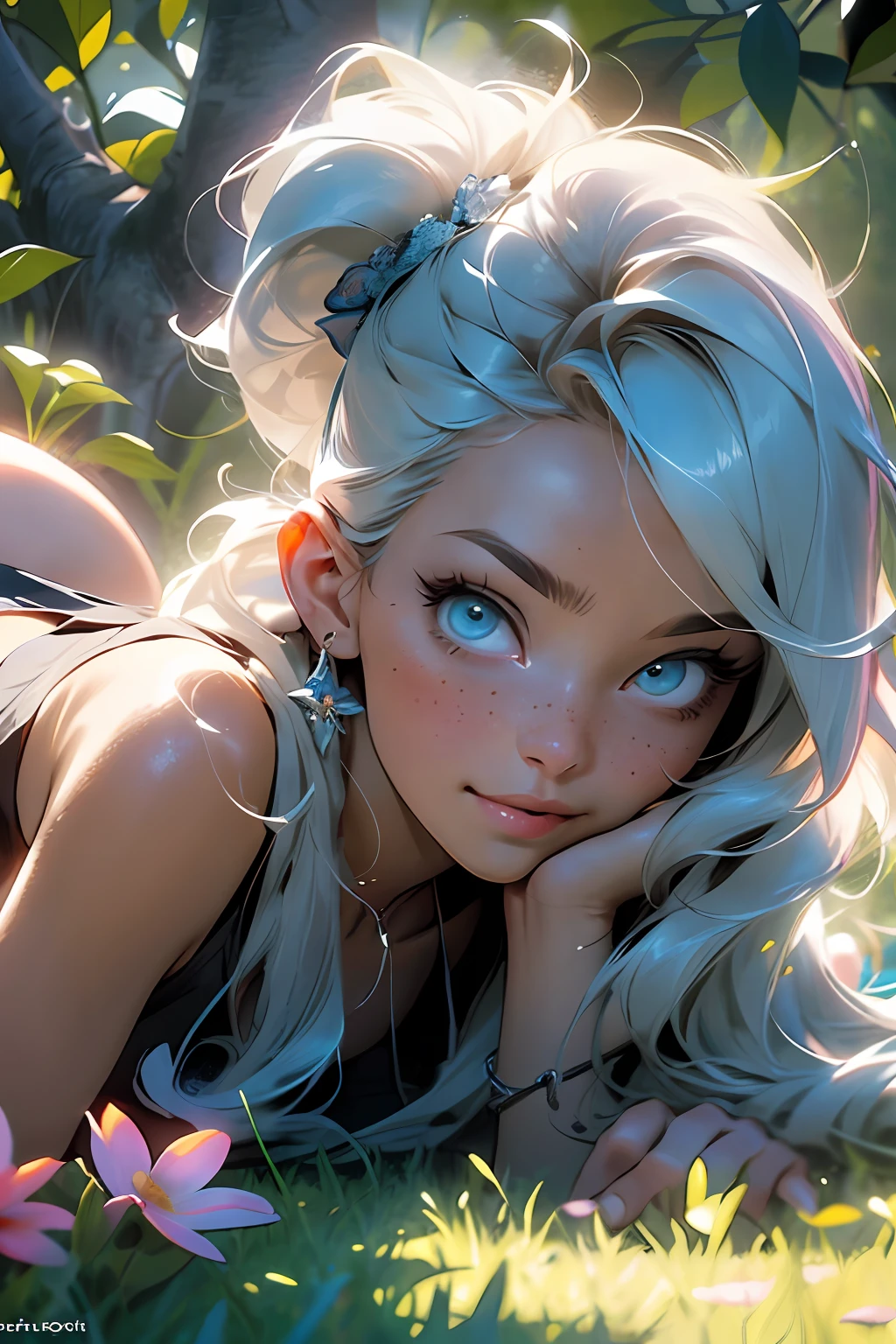 melancholy lighting, Quiet, calm, luminance, Masterpiece, Best quality, 1girll, (JinxLol:1.2), (The ultra-realistice:1.3), (Masterpiece:1.4), Best quality, ((Realistic)), High quality, Ultra detailed, ((Real image)), ((Realistic skin)), ((Realistic face)),(illustration:1.05), (Beautiful:1.05), (Beautiful detailed eyes:1.05), (Cinematic light:1.1), full bodyesbian, Precise proportions, 18-year-old girl, lying on the grass ground, surrounding garden, shadow of the tree, BLUE hair fluttering in the wind, Long legs, Feet slightly open, buttocks, Blush, Shyness, 鎖骨, hason, double weave, Beautiful and delicate face, Fair skin, Real skin, (detail in face), pores, Super high resolution, 8K, Parameters Best quality, Masterpiece, Super high resolution, (Realistic 2.0), More details, Detailed skin, Transparent panties, Hefty Smile, White teeth, voluminous BLUE hair, perfect and well designed eyes, girlfriend, Beautiful feet,Flowers, Studio lighting