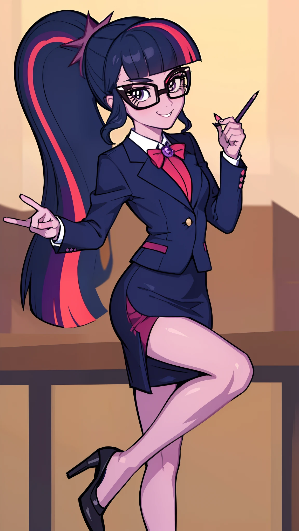 (masterpiece, best quality:1.2),cowboy shot,solo,1girl,mlptwilight,smile,looking at viewer,ponytail,glasses,business suit, blazer, pencil skirt, high heels, dynamic lighting,