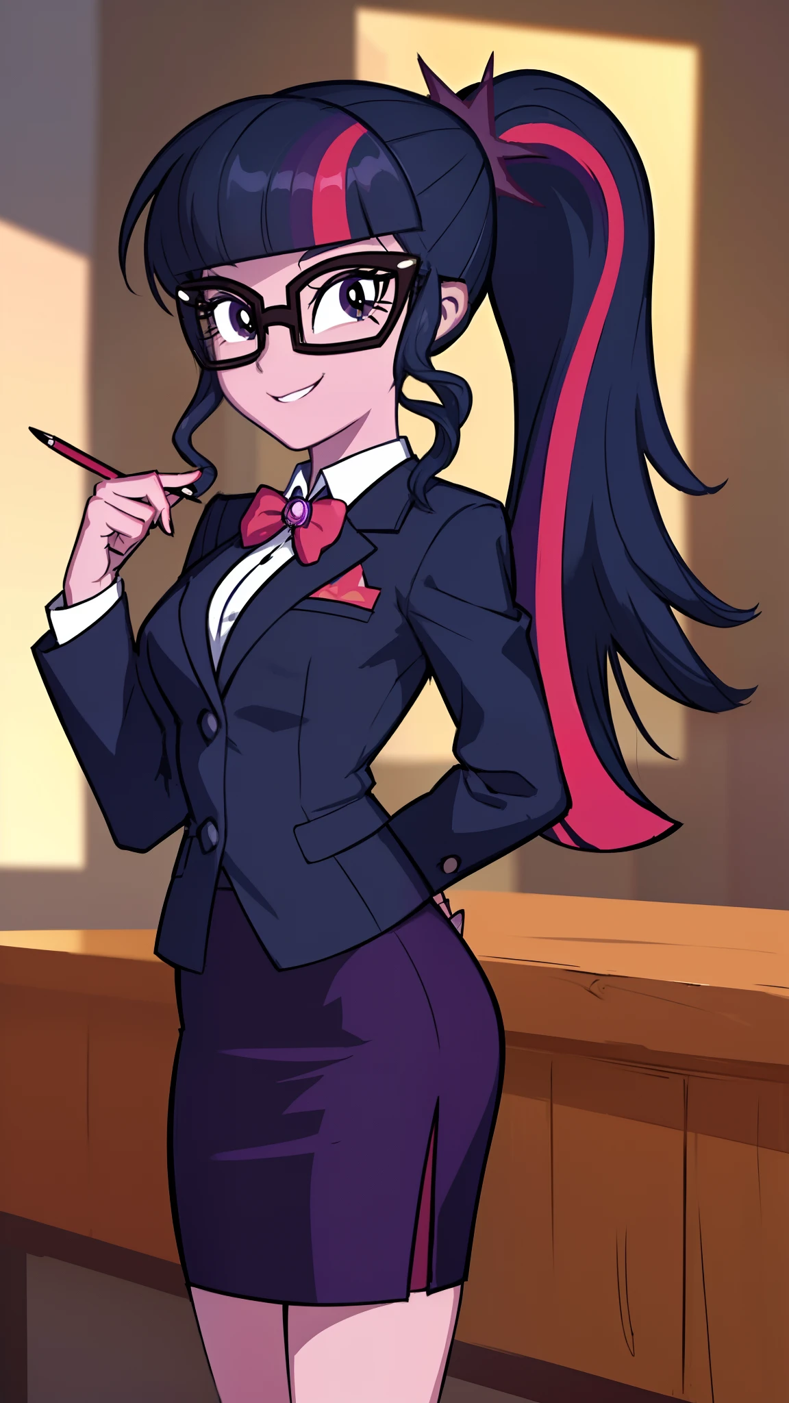 (masterpiece, best quality:1.2),cowboy shot,solo,1girl,mlptwilight,smile,looking at viewer,ponytail,glasses,business suit, blazer, pencil skirt, high heels, dynamic lighting,