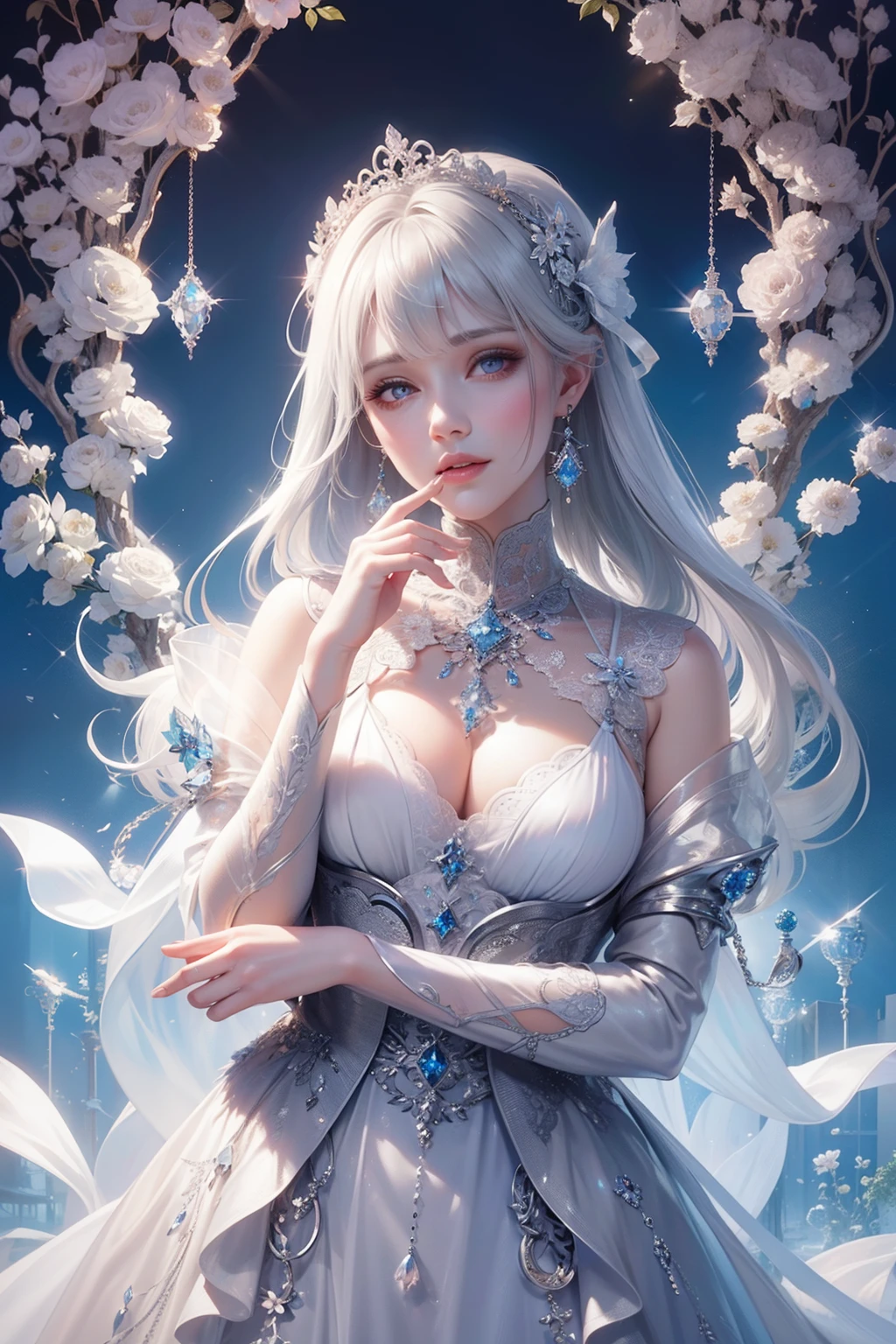 Cover your mouth and laugh，The hair is covered with beautiful and delicate floral craftsmanship, Crystal jewelry filigree，jewelry，Ultra-detailed details，Beautiful aristocratic girl，Gray hair is elegantly coiled，(((Silvertone)))，(golden colored)。Blue and purple clear eyes，crystal