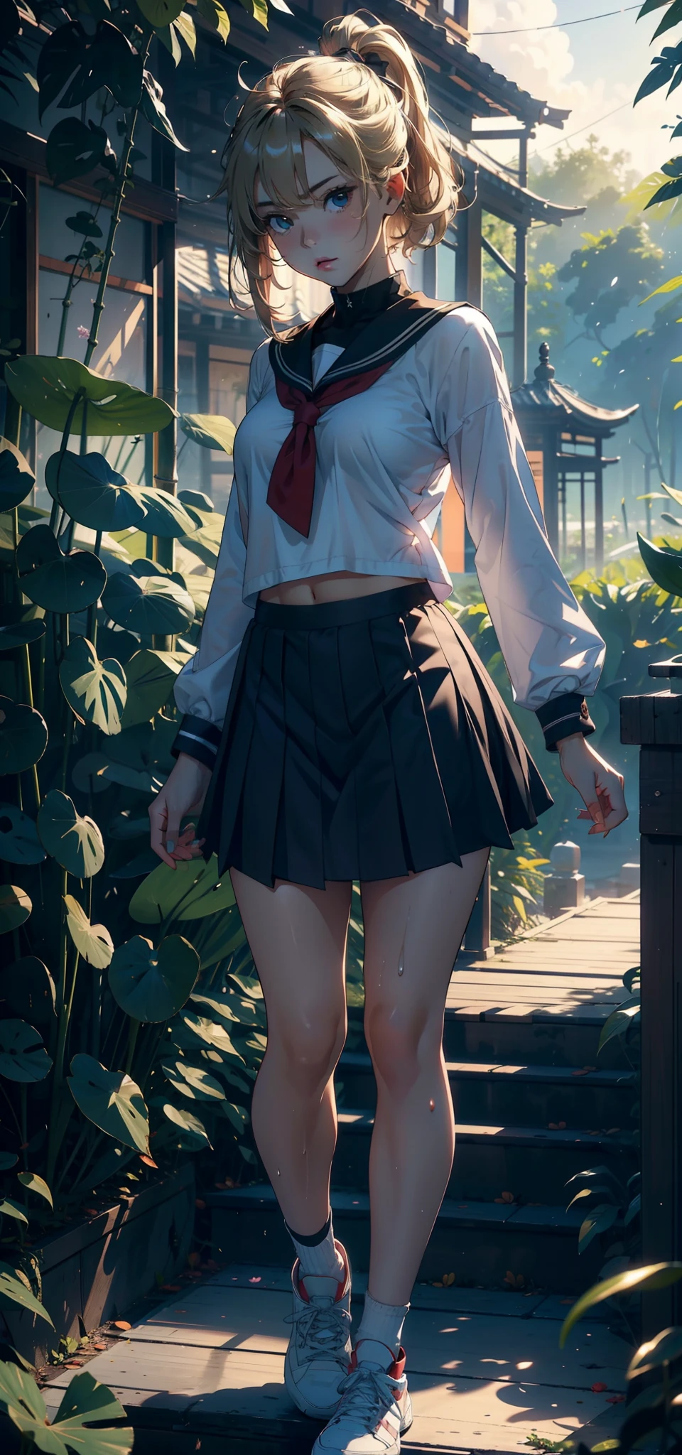 1female,3 years old,bit girl,Small loli,smallunderboob,Pornographic exposure, 独奏,(Background with:bamboo forrest,lotuses,lotus flower,exteriors,Lotus pond) She has short blonde hair,standing on your feet,Sweat profusely,drenched all over the body,seen from the front, hair straight, mostly cloudy sky,(((tmasterpiece),(Very detailed CG unity 8K wallpaper),best qualtiy,cinmatic lighting,detailed back ground,beatiful detailed eyes,Bright pupils,Black eyes,(Very fine and beautiful),(Beautiful and detailed eye description),ultra - detailed,tmasterpiece,)),facing at camera,A high resolution,ultra - detailed),revealing breasts,Bare genitalia, Bulge,legs are open,Raised sexy,Camel toes,Flushed complexion,Open-mouthed,frontage,elementary student,(Sailor uniform,Slave girl collar,nakeness,Exposing the ,athletic sneakers)Full body photo,Show shoes