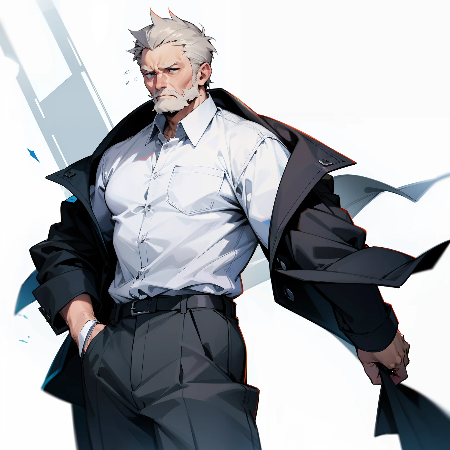 tired, neat, adult man, stands, whitebackground, casual
