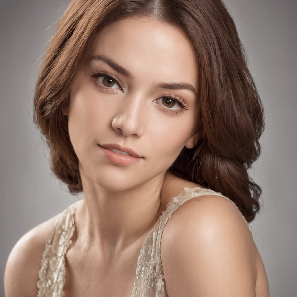 light-skinned woman, brown hair and eyes, all positioned forward, straight