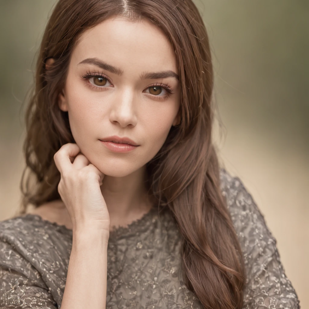 light-skinned woman, brown hair and eyes, all positioned forward, straight