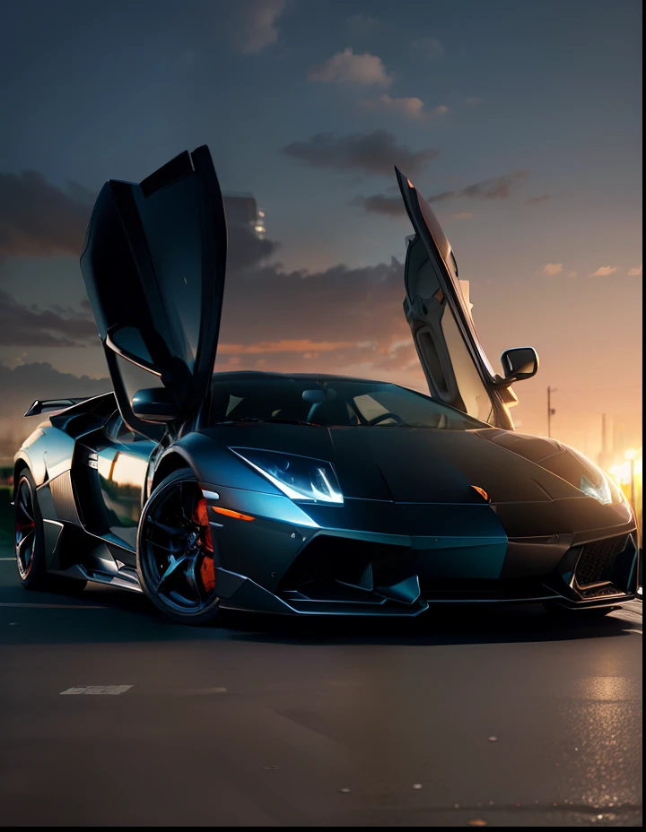 Lamborghini murcielago sitting parked on a city street, evening , perfect lighting