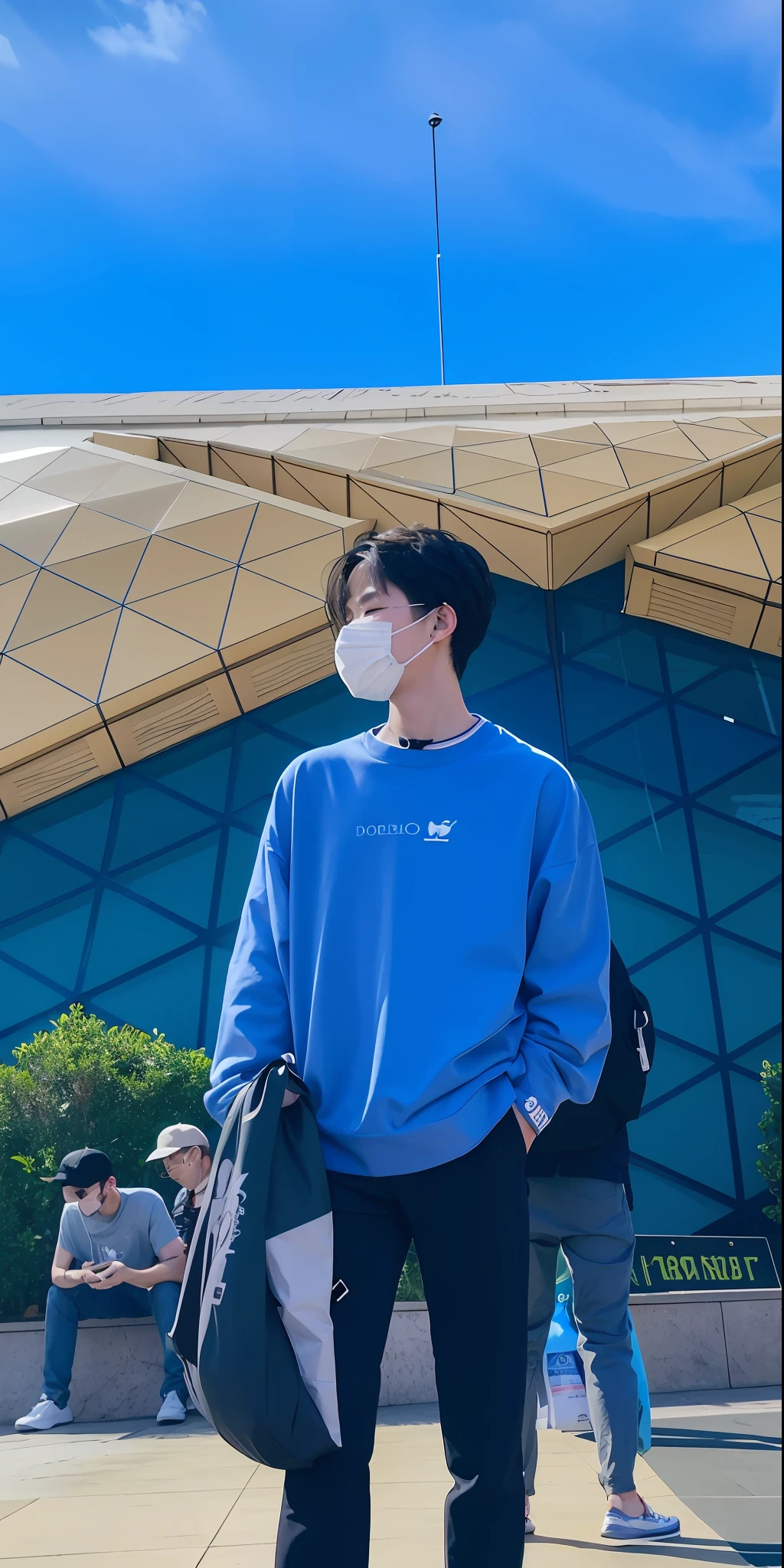 araffe wearing a face mask and carrying a bag walks in front of a building, kim doyoung, cai xukun, wearing a fisher 🧥, male ulzzang, trending on r/streetwear, profile pic, aesthetic shot, hyung tae, aesthetic!!, taken in 2 0 2 0, profile shot, sha xi, jinyoung shin, album art