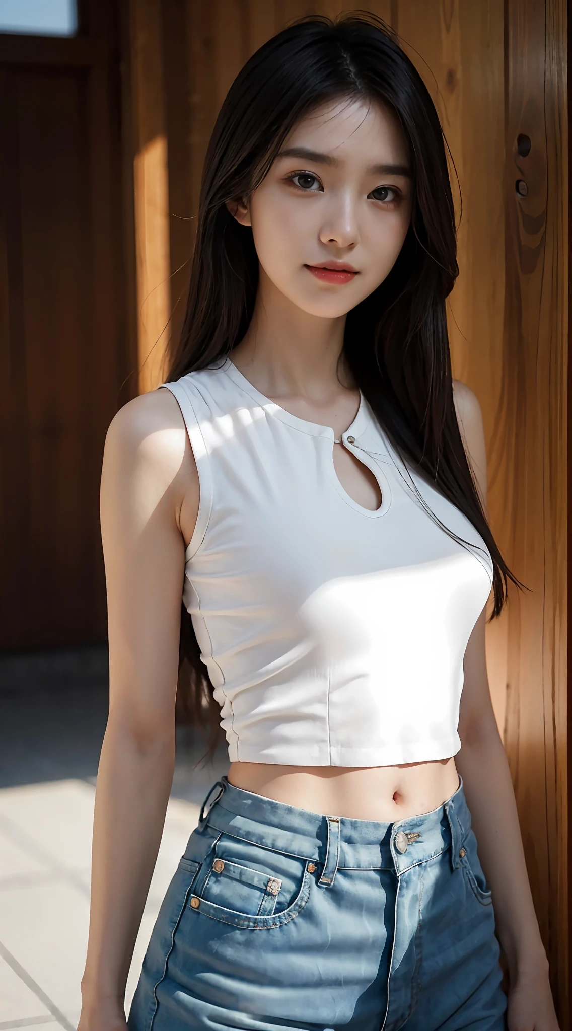 超高分辨率，（真实感：1.4），RAW photogr，1girll，long whitr hair，（huge tit：1.1），Pure，Girly，Flushing，18-year-old smiling female classmate，Pure，Innocent，（best qualtiy，8K，tmasterpiece:1.3），Goose egg face，largeeyes，long eyelasher，Exquisite（live-action realistic style），Star-like eyes，Ultimate face，Photorealistic light and shadow，Clear facial features，Milky white skin，Fair skin， highdetailskin， Realistic skin details， Visible Pore，（Super detail），（perfect bodies：1.1），long whitr hair，（dynamicposes），((Dynamic background((volumettic light：1.3))，shorter pants，small vest