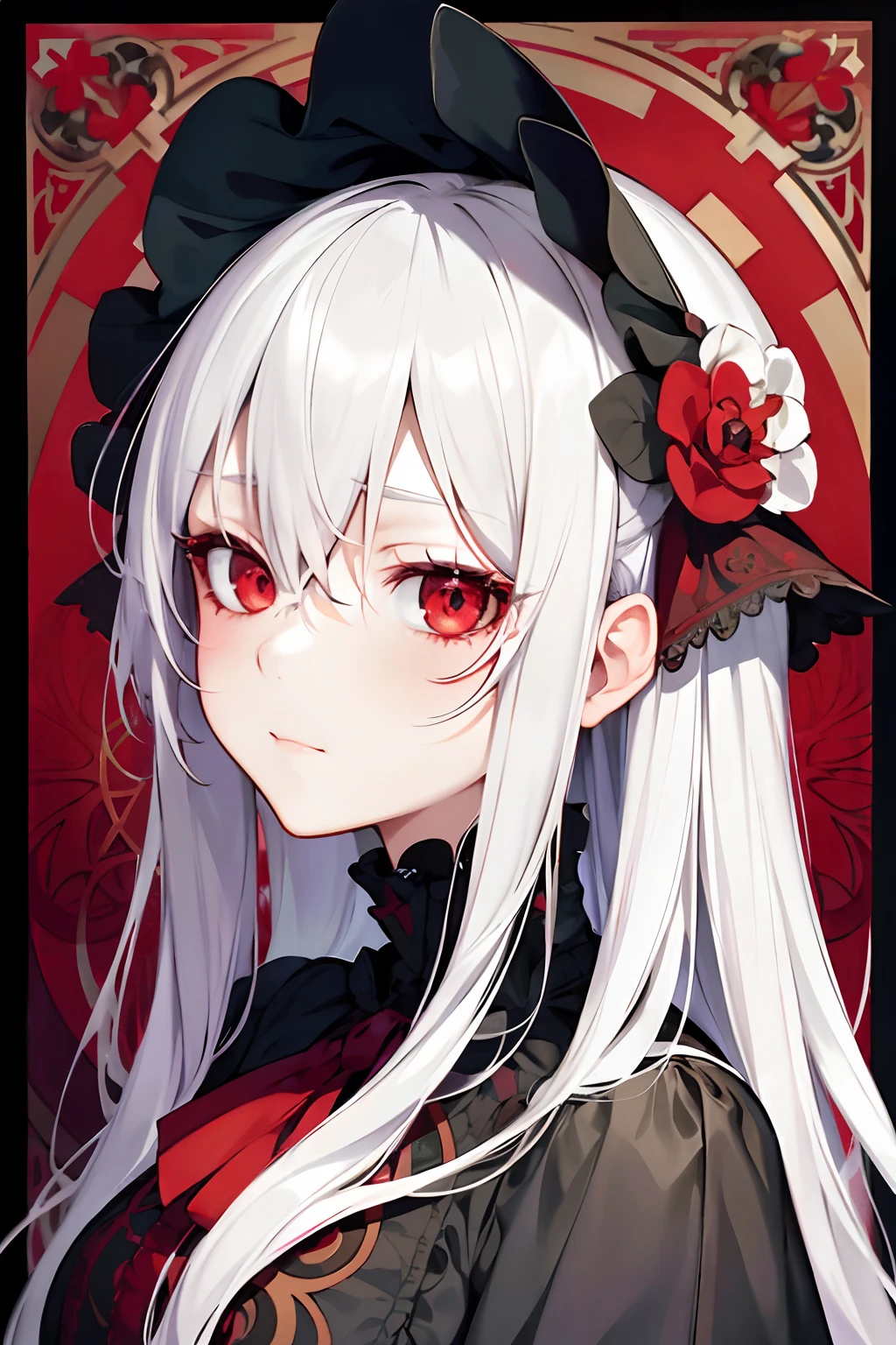Gothic loli portrait,White hair and red eyes,Blood Clan,Floral frame,Decorative panels,abstract artistic,Alphonse Mucha(tmasterpiece,best qualtiy,A high resolution:1.4),A detailed,complexdetails,4K,splash of color,line art,Fibonacci,