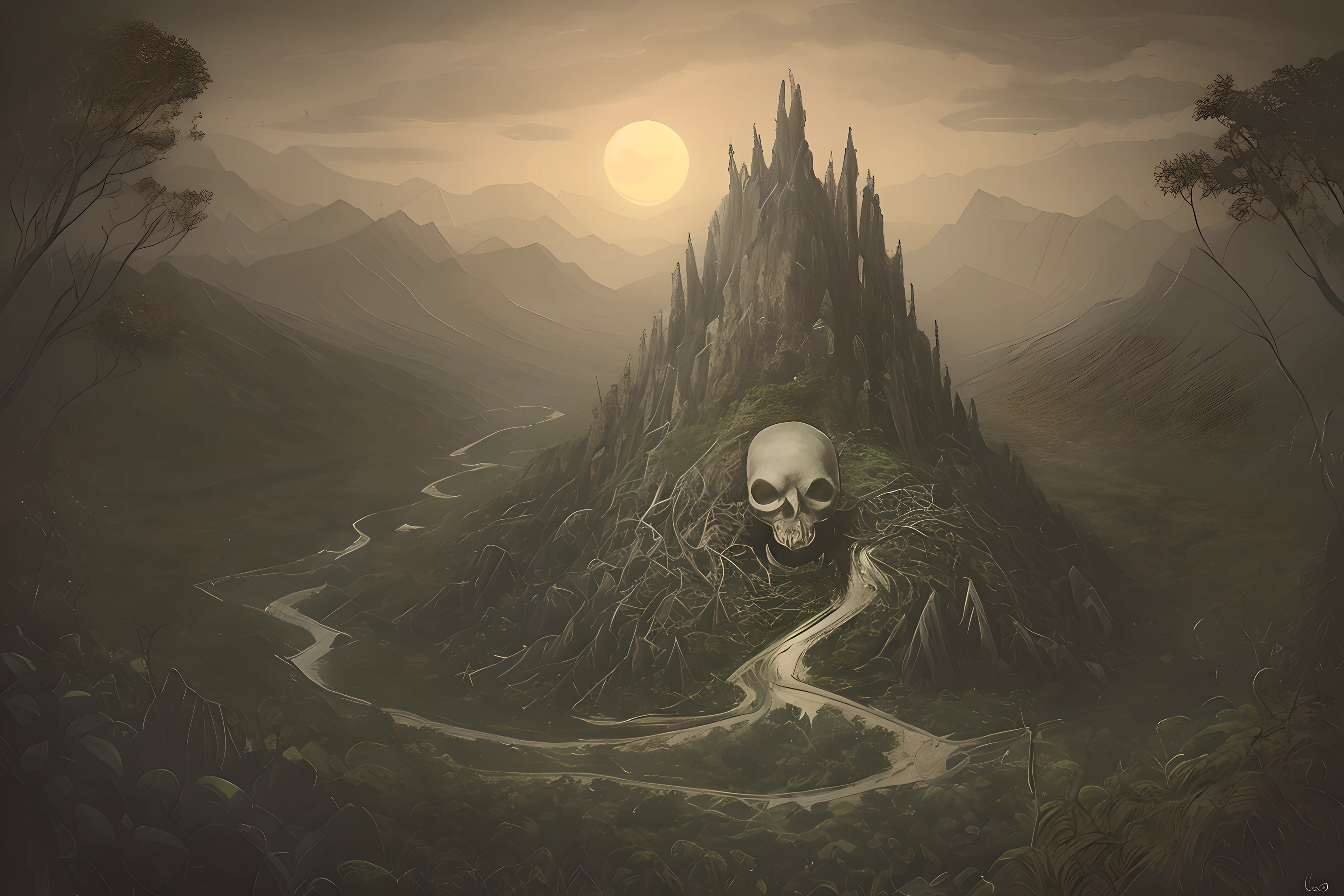 A skull shaped mountain towers over a vast jungle landscape of forests and meandering rivers, nighttime, high res, high detail,, the skull appears menacing, the skull is aztec and alien mixed style, dark, lots of vegetation, fantasy, horror, 8k, masterpiece, beksinski