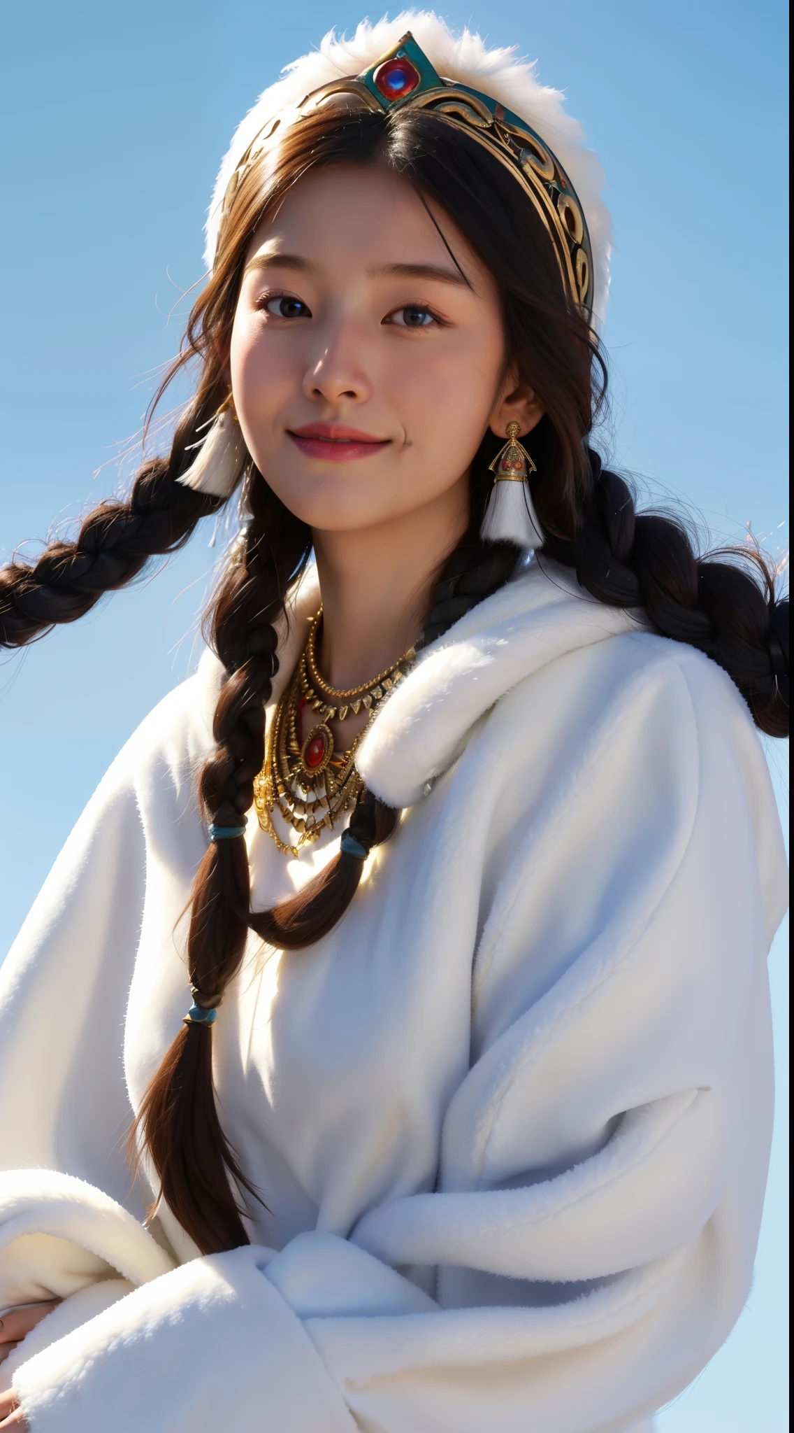 girl with, Long braids, Tibetan girls, close-up, Raised head slightly, Smile, Bust Photo, Upper body, Tibetan clothing, Clothes with fluff, White flute, Luxury Tibetan clothing, Troublesome Tibetan clothing design, Cold clothing, Winter clothes, Appearance Yang Transcendence, Round face shape, Gorgeous Tibetan clothes, Troublesome Tibetan Necklace, Troublesome Tibetan headdress, Live-action CG, Sweet style, Film Style, HD 4K, Photographic effects, Studio Effects, White halo, Mythological winds, Snowfield background, Character Core, Image ratio 16:9,