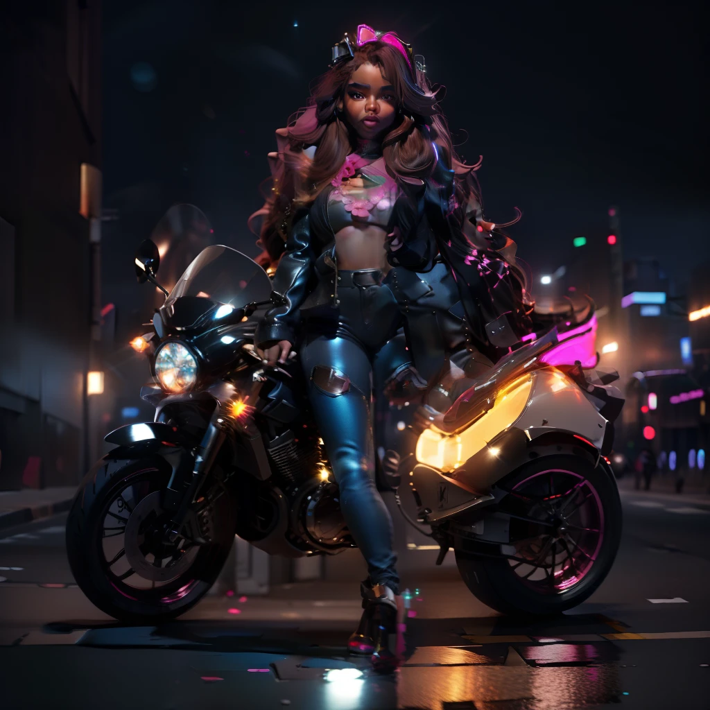 A brown skin girl with long hair, standing in front of a motorcycle ๐๏ธ๐จ in the city, sparkling simple make up, sparkling eyes, sparkling lips, sparkling, sparkling pink, sparkling black, a tall girl, high heel, wearing a trouser, night vision, flowers flying, hippie clothes