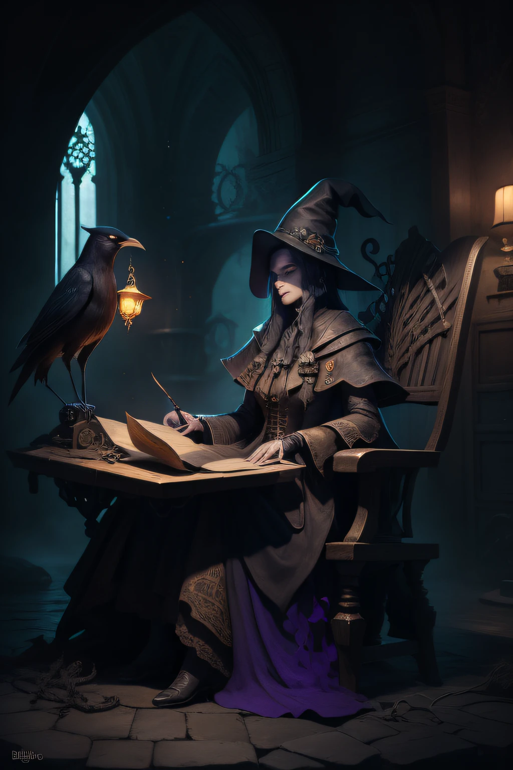 An old witch sitting in a calddirao chair in the background and she's holding a sonyster crow