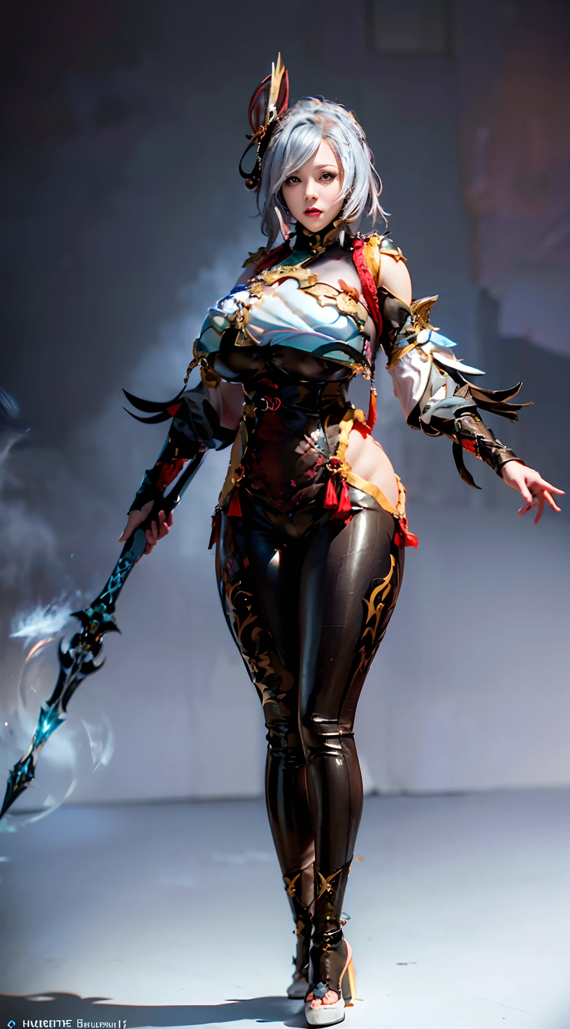 Unreal Engine 5 Realistic Rendering, highres, wearing cosplay Shenhe from genshin impact, Genshin Impact, game character, (cosplayer;1.5), Standing on kyoto castle, (beautiful face:1.5), top body is hyper realistic thicc muscle and (huge fake breasts, round breasts:1.5), lower is huge buttocks, (standing pose:1.5).