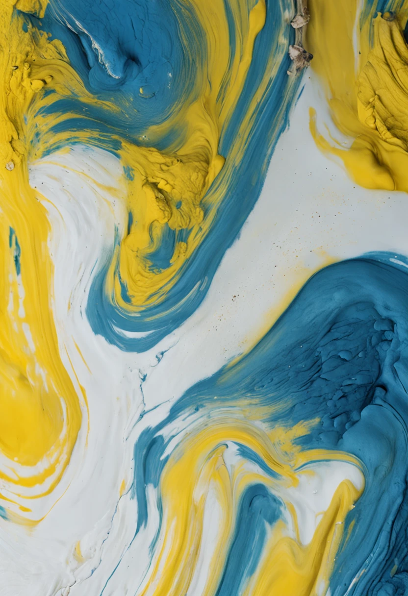 Close-up of fresh yellow and blue dye strokes, mixed with white paint