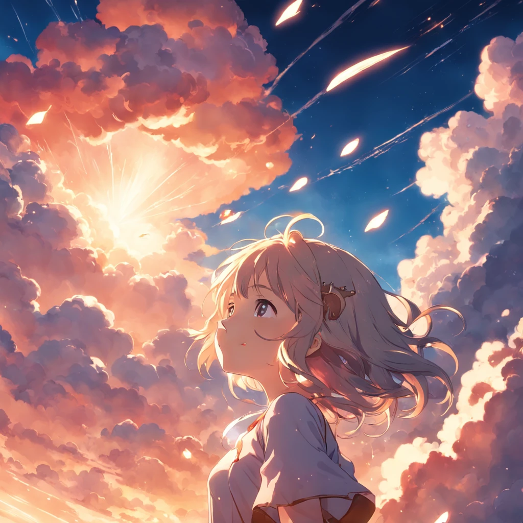 masterpiece, best quality, movie still, 1girl, cloud girl, floating in the sky, close-up, bright, happy, warm soft lighting, sunset, (sparks:0.7)