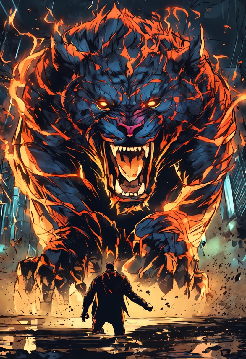 humanoid monster, tiger similar, reflection on the mirror, rage, power, strong, chaos