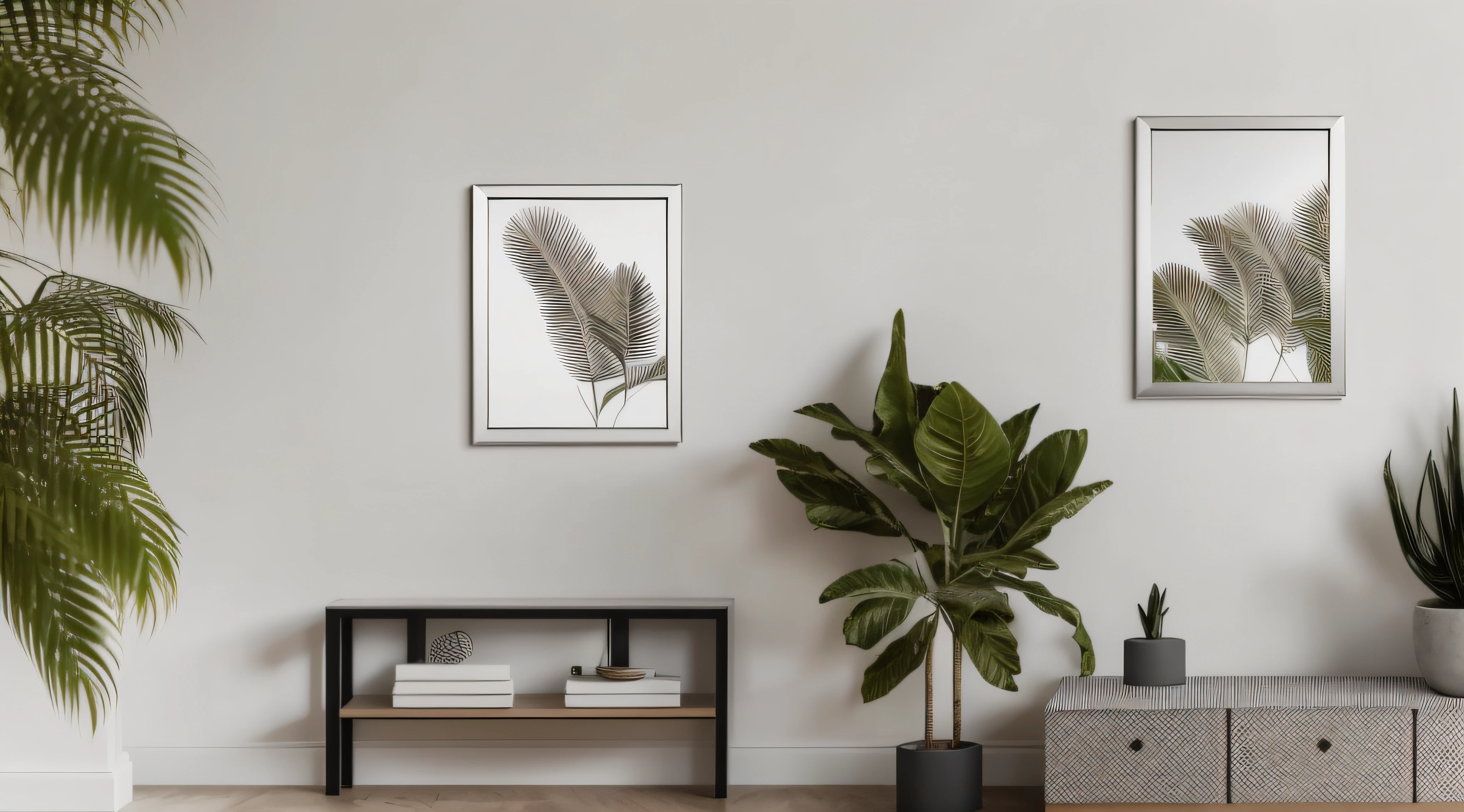 there is a picture of a picture hanging on a wall next to some plants, silver framed, relaxed. white background, silver leaf painting, silver frame, large plants in the background, silver leaf art, silver treasures on the walls