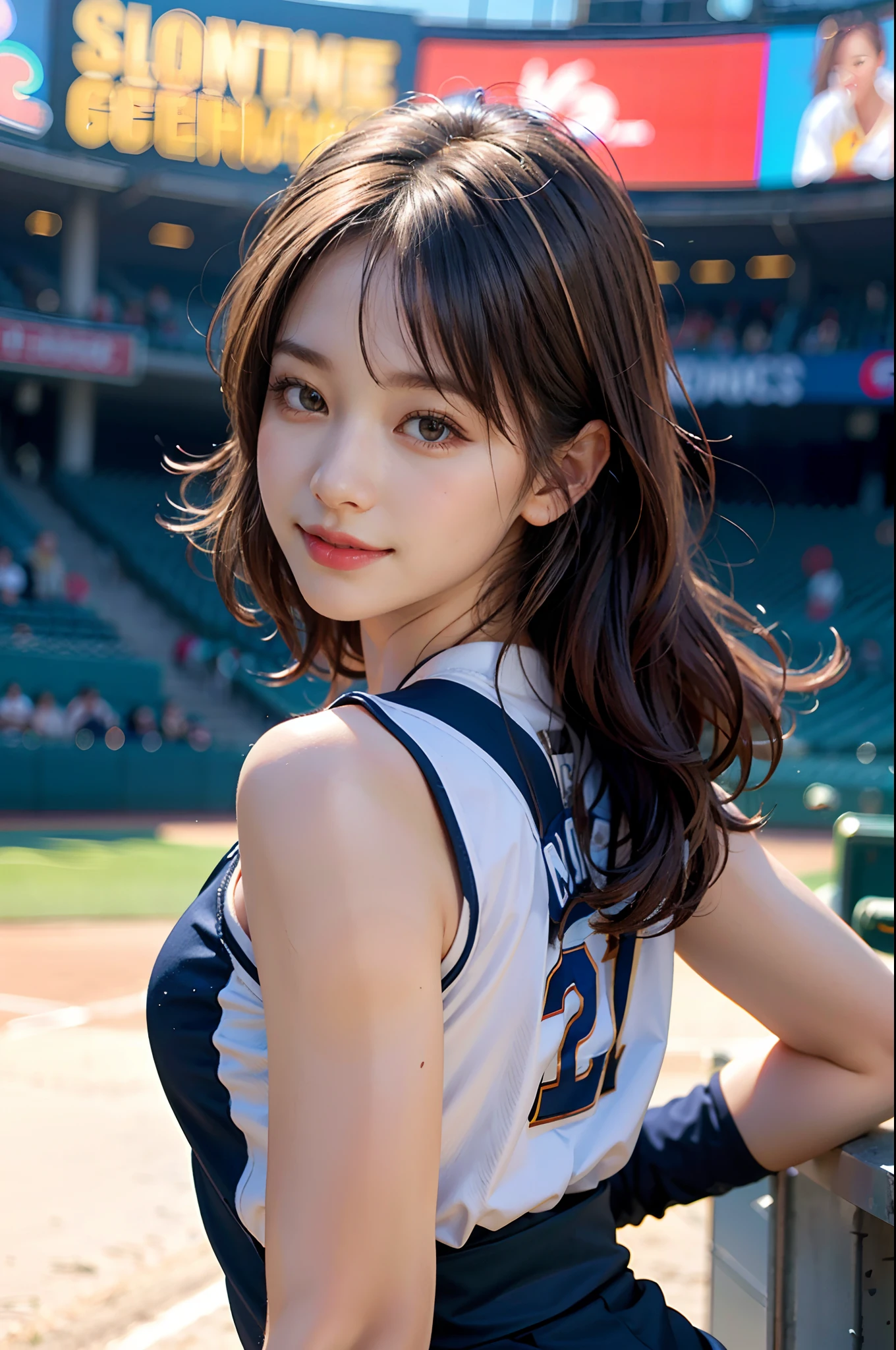(8K, Raw photo, top-quality, ​masterpiece: 1.2), ​masterpiece, super detailing, Ultra-high decomposition energy A, (Realistic and realistic photos: 1.37), high-definition RAW color photography, Very delicate and beautiful., About Igree, 8K Wallpaper, astonishing, detaileds, extremely detailed eye, highlydetailed skin, extremely detailed fingers, highly detailed nose, highly detail mouth, perfect anatomia,1girl in, (Sexy Baseball Uniforms), a miniskirt,,large full breasts,A slender,Toned buttocks,Stockings,Keep one's mouth shut、Smile happily、largeeyes、Distinct double eyelids、Eye lashes、long neck、Absolute area、Clean collarbone、face perfect、thin lips、a small face、(Gaze towards the viewer、Highlights in the eyes、Light brown eyes、Gloss on lips)、 , Baseball Stadium, jewely, Cute smile,Short hair, Solo, 18year old、hposing Gravure Idol, (Head Sliding:1.6),Perfect Lighting,dynamic ungle,