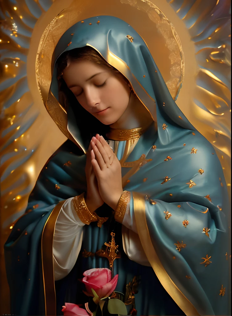 (((Saint Virgin Mary. 19 years olinetic style))) ((( Con una cara seria y piadosa. Con una mirada dulce y tierna))) (obra maestra, calidad superior, mejor calidad, arte oficial, beautiful and aesthetic: 1.2), (1girl), extremadamente detallado, (Arte fractal: 1.3), colorido, highest detailed, Cara perfecta, parte superior del cuerpo, HDR, (orando: 1.3), (golden lines of white coat: 1.2), galaxia, (rayas de luz), eye-catching visuals, (dynamic stripes, senderos luminosos: 1.2), colores vibrantes,