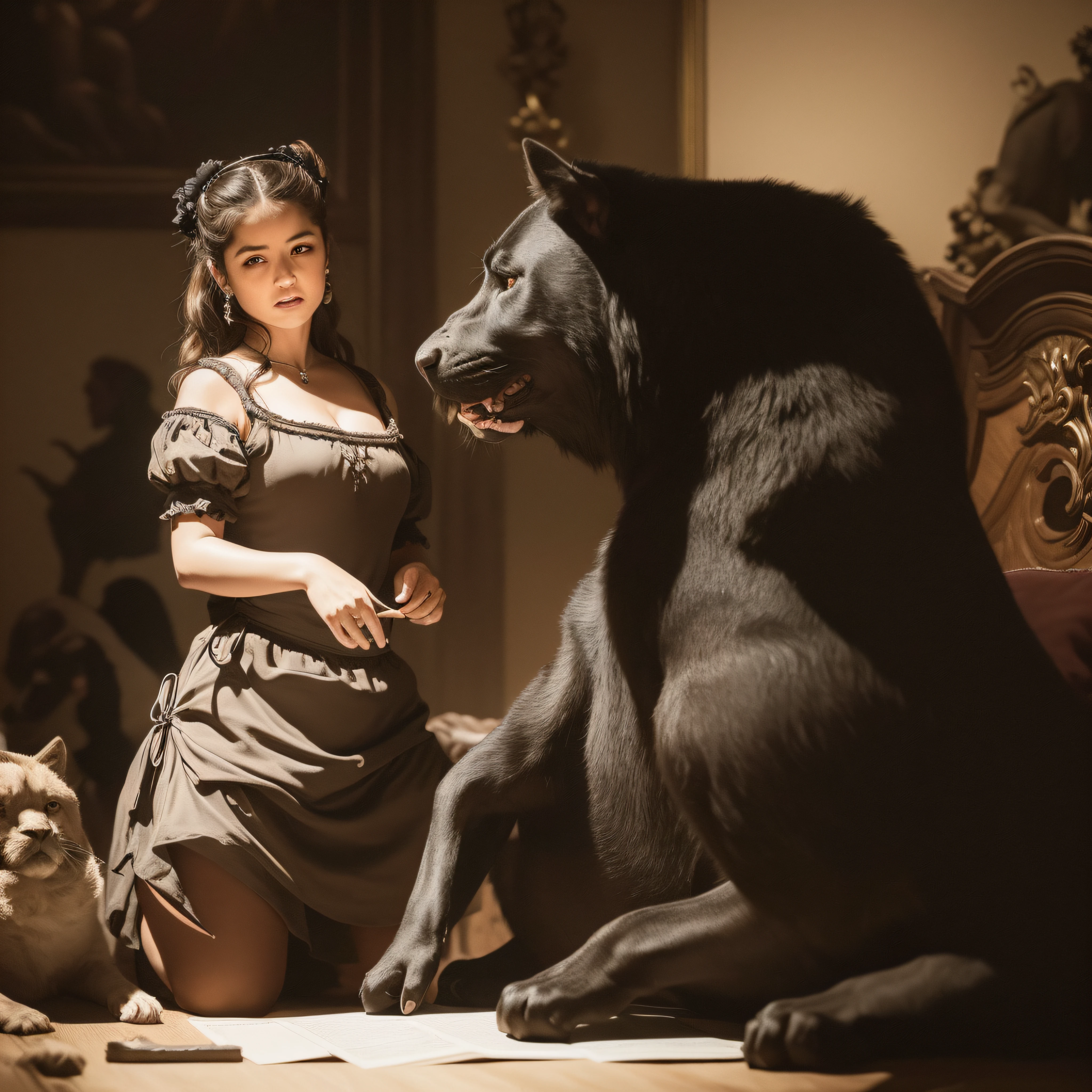 (extremadamente detallado, obra maestra, La mejor calidad), Estilo oscuro, intense illumination, mujer abrazando un monstruo grande, Ecstatic face. manchas de tinta. Rococo composition. Luz de caravaggio