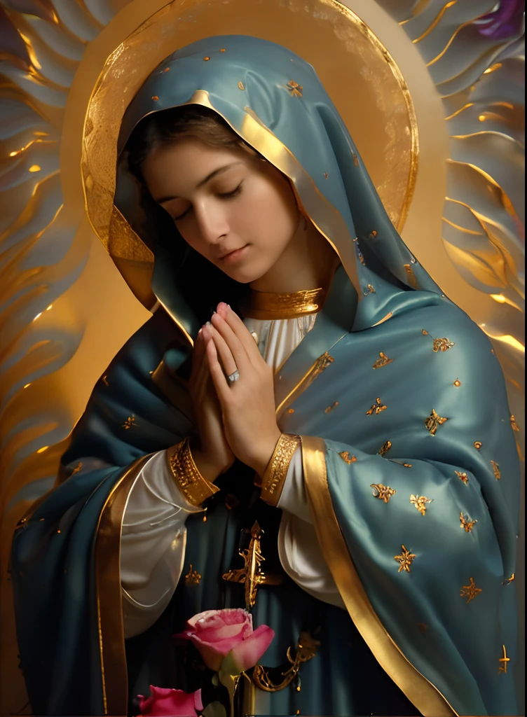 (((Saint Virgin Mary. 19 years olinetic style))) ((( Con una cara seria y piadosa. Con una mirada dulce y tierna))) (obra maestra, calidad superior, mejor calidad, arte oficial, beautiful and aesthetic: 1.2), (1girl), extremadamente detallado, (Arte fractal: 1.3), colorido, highest detailed, Cara perfecta, parte superior del cuerpo, HDR, (orando: 1.3), (golden lines of white coat: 1.2), galaxia, (rayas de luz), eye-catching visuals, (dynamic stripes, senderos luminosos: 1.2), colores vibrantes,