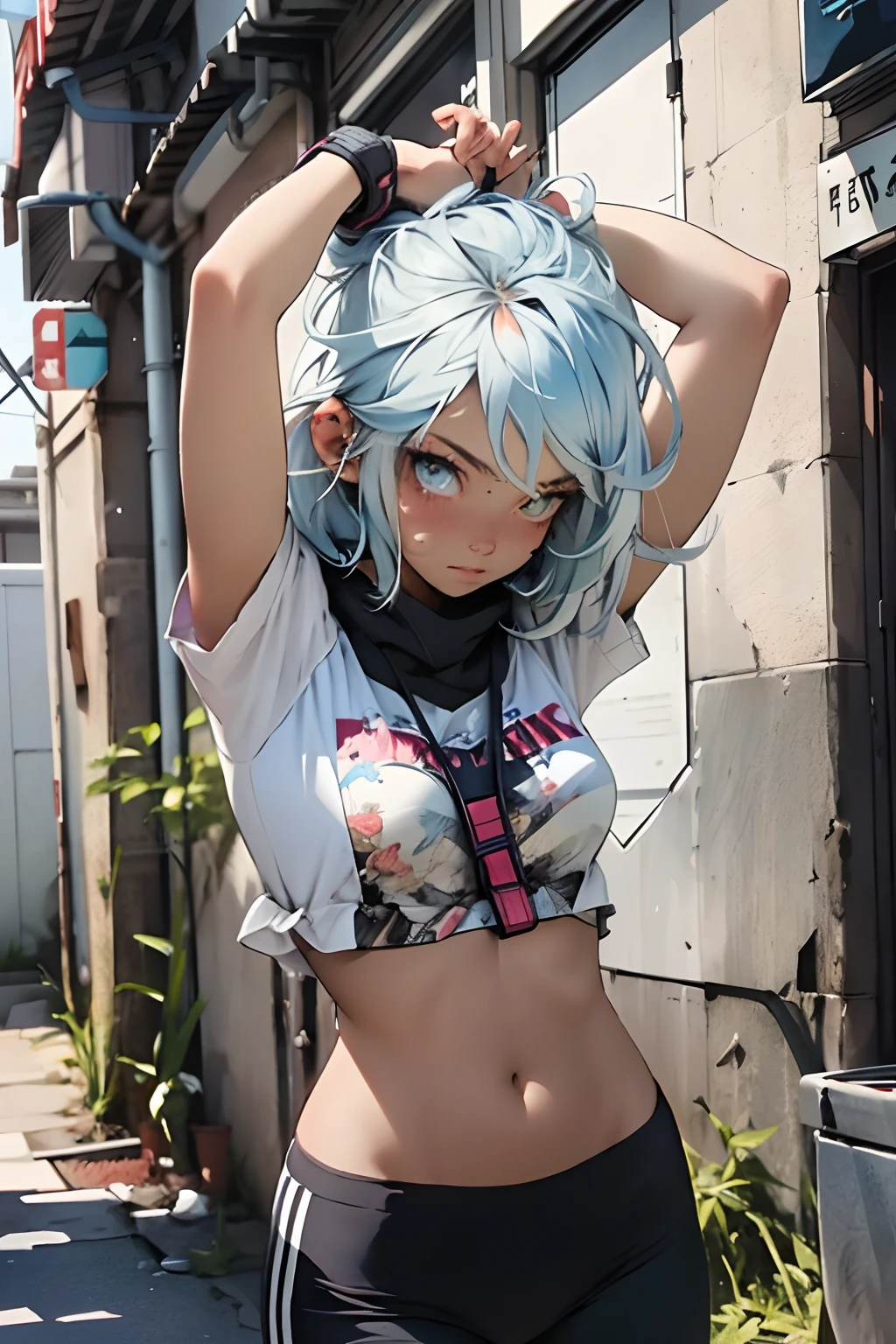 one-girl,light blue hair,gray pupil,Stretch the body,baggy clothes