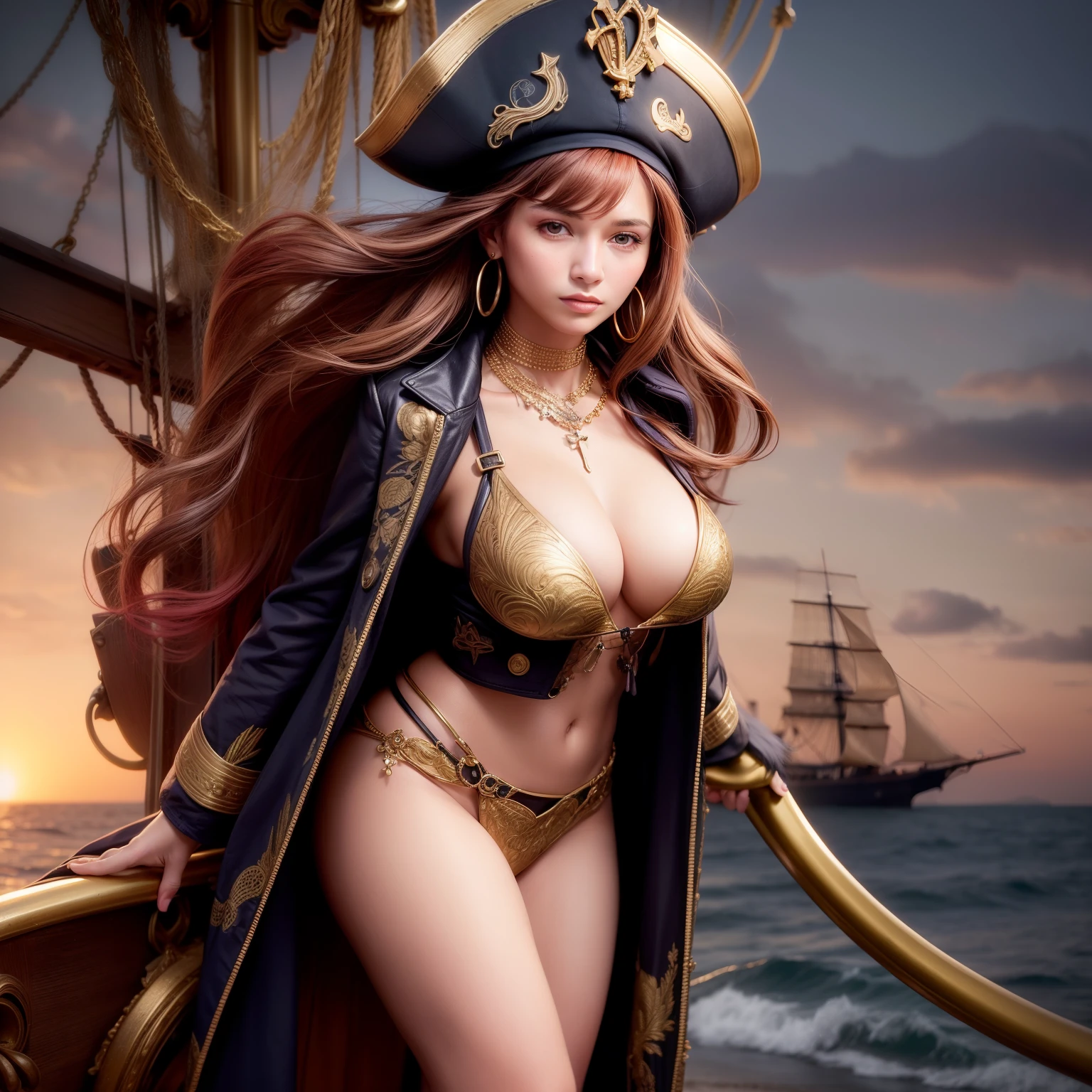 Ultra-detailed, cinematic photorealistic portrait of a strikingly beautiful female pirate captain confidently standing at the wheel of a weathered ship at sunset, photographed on 35mm film with an 85mm lens and soft diffused lighting, wearing a black tricorne hat over wavy red hair, embroidered navy blue coat with gold buttons, black leather heeled boots, intricate gold earrings and necklace, vast crashing ocean waves and vibrant purple sky behind her, intricate details on the ship's wheel and rails, dramatic pose as she grasps the wheel, photographed for a Louis Vuitton fashion campaign by Peter Lindbergh.