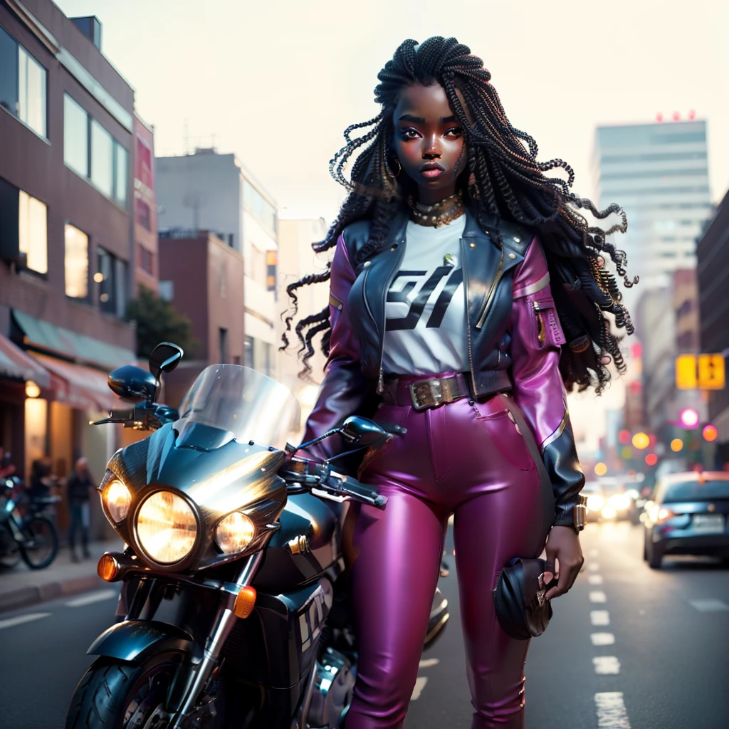 A brown skin girl with long hair, standing in front of a motorcycle 🏍️💨 in the city, sparkling simple make up, sparkling eyes, sparkling lips, sparkling, sparkling pink, sparkling black, a tall girl, high heel, wearing a trouser, night vision, flowers flying, hippie clothes