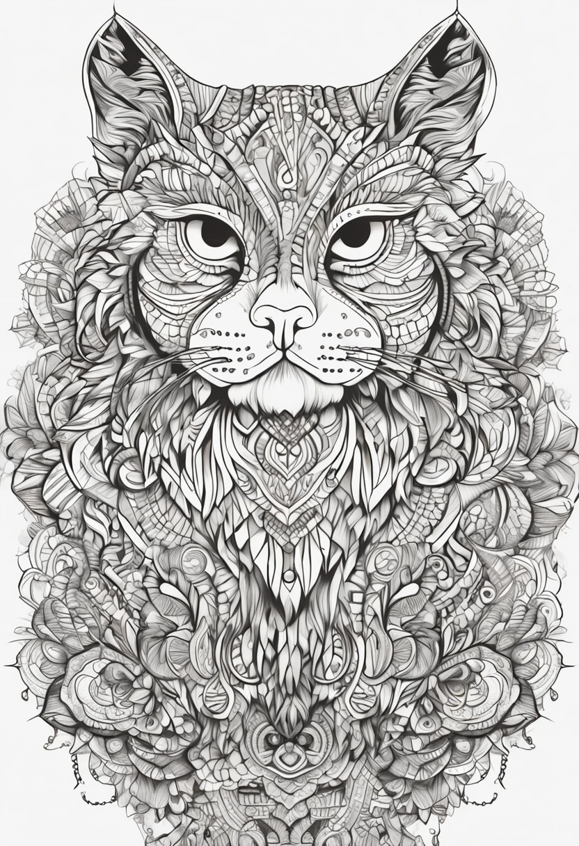 gato com linhas fortes e arrojadas, fundo branco, coloring page, estilo de desenho a ser colorido, fundo branco com fundo mandalas para ser colorido, super detailed and crisp lines and drawings. tudo preto e branco.