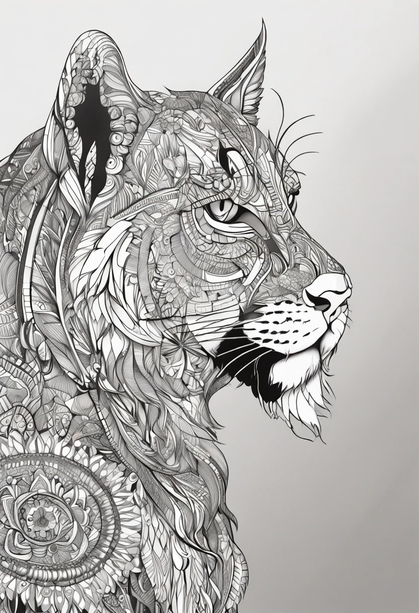 gato com linhas fortes e arrojadas, fundo branco, coloring page, estilo de desenho a ser colorido, fundo branco com fundo mandalas para ser colorido, super detailed and crisp lines and drawings. tudo preto e branco.